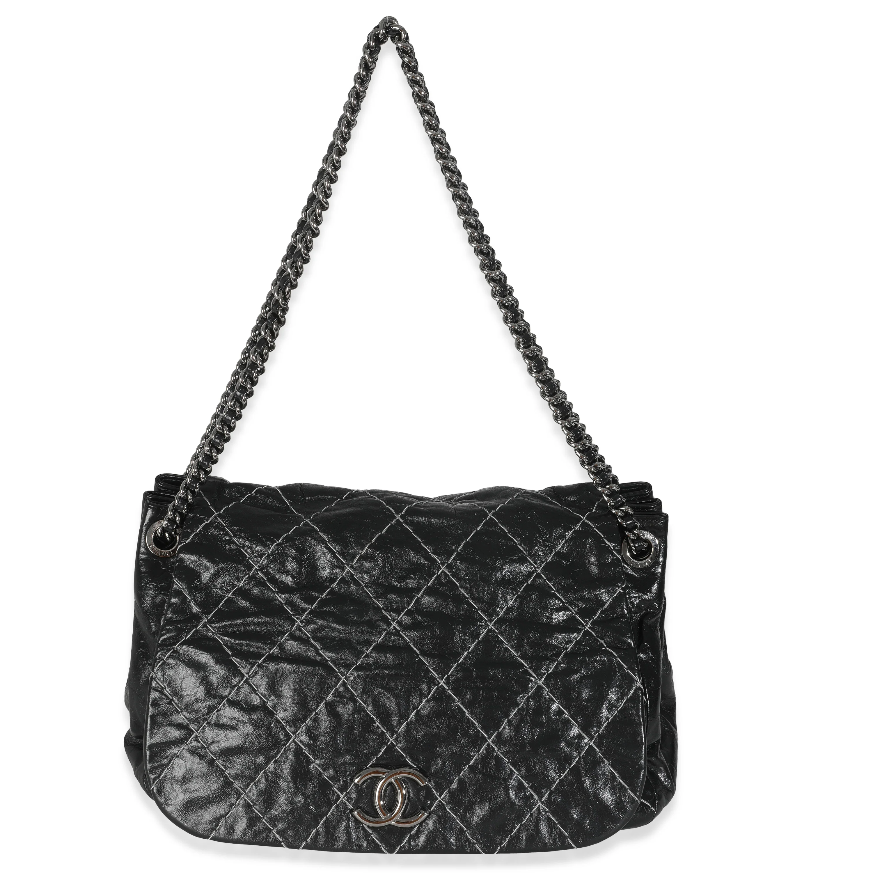 Black Calfskin Double Stitch Accordion Flap Bag - Image 8