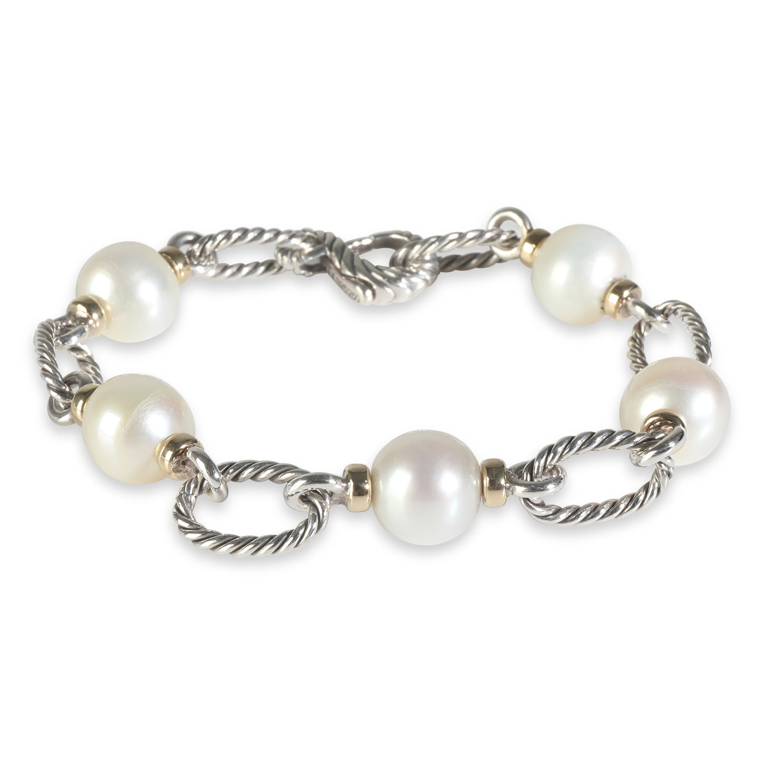 Yellow Gold & Sterling Silver Pearl Figaro Link Bracelet