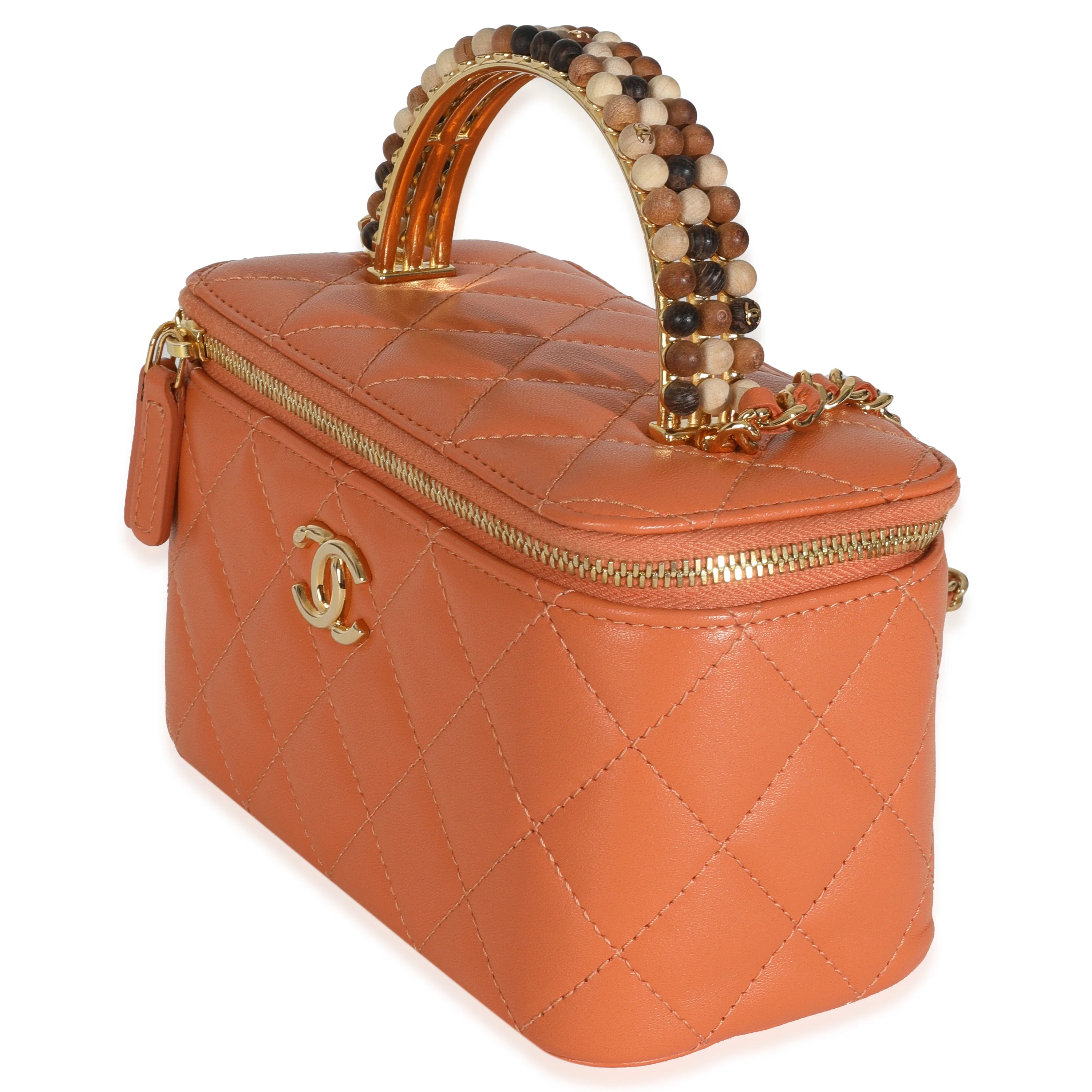 Orange Quilted Lambskin Beaded Small Top Handle Vanity Case With Chain - Image 2