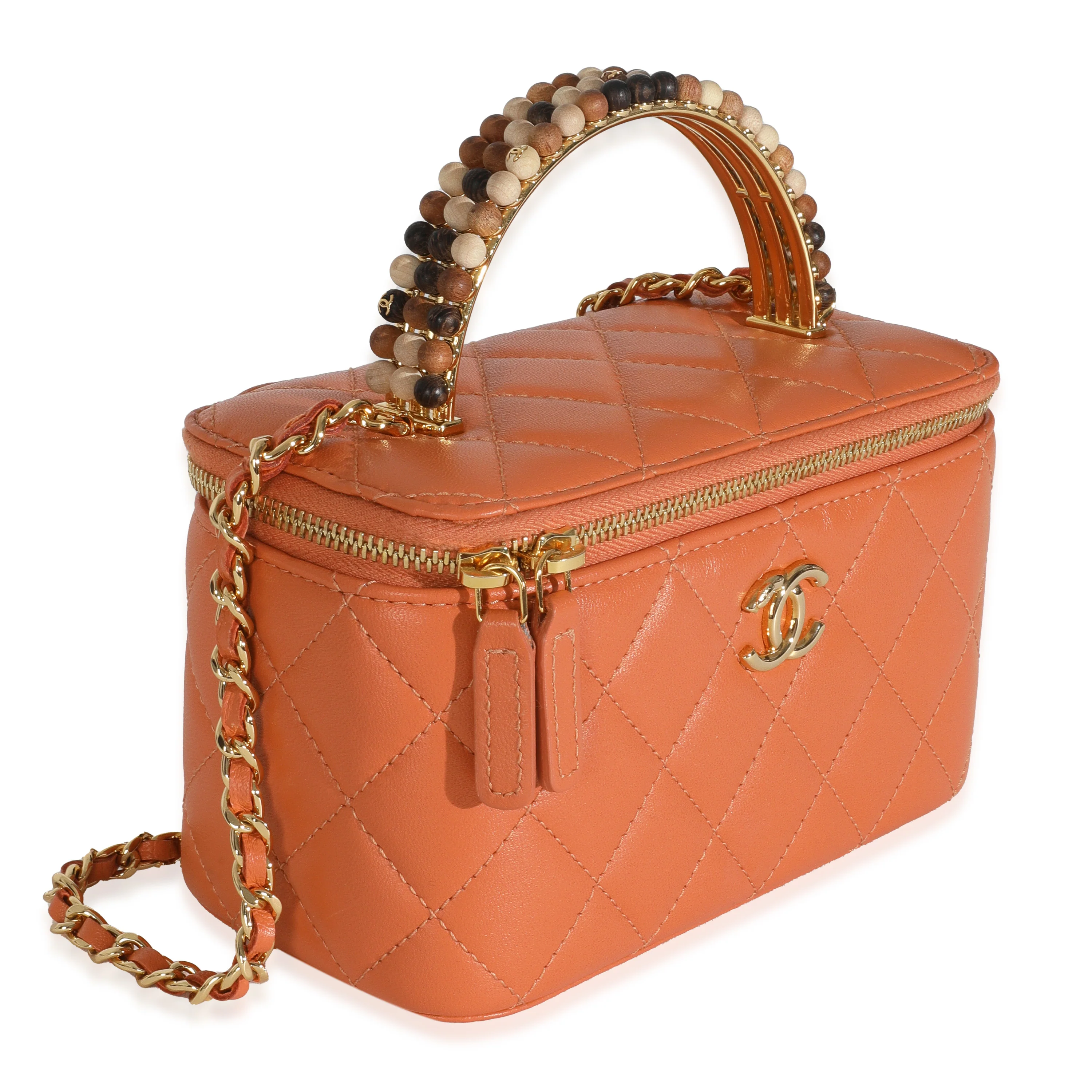 Orange Quilted Lambskin Beaded Small Top Handle Vanity Case With Chain - Image 3