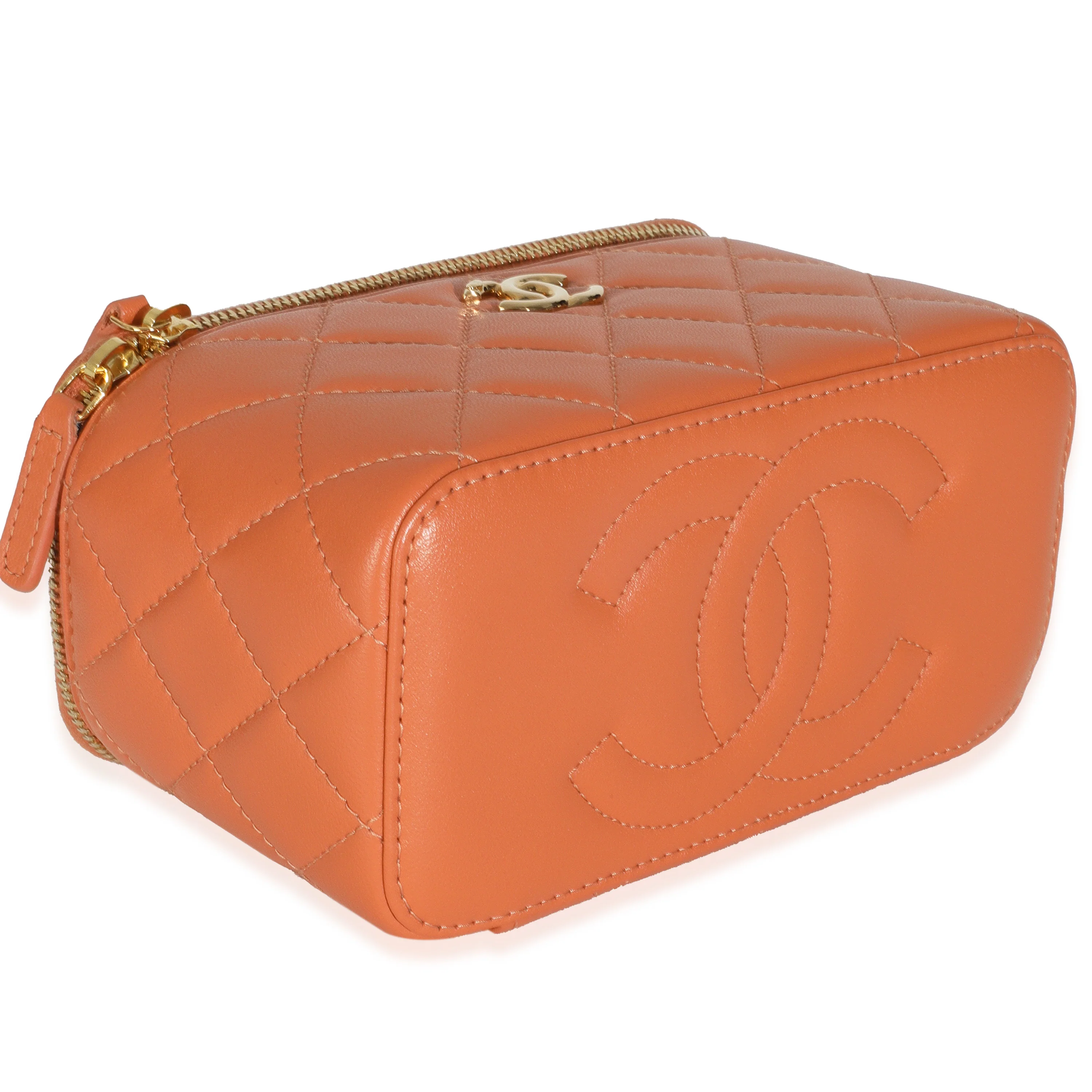 Orange Quilted Lambskin Beaded Small Top Handle Vanity Case With Chain - Image 6