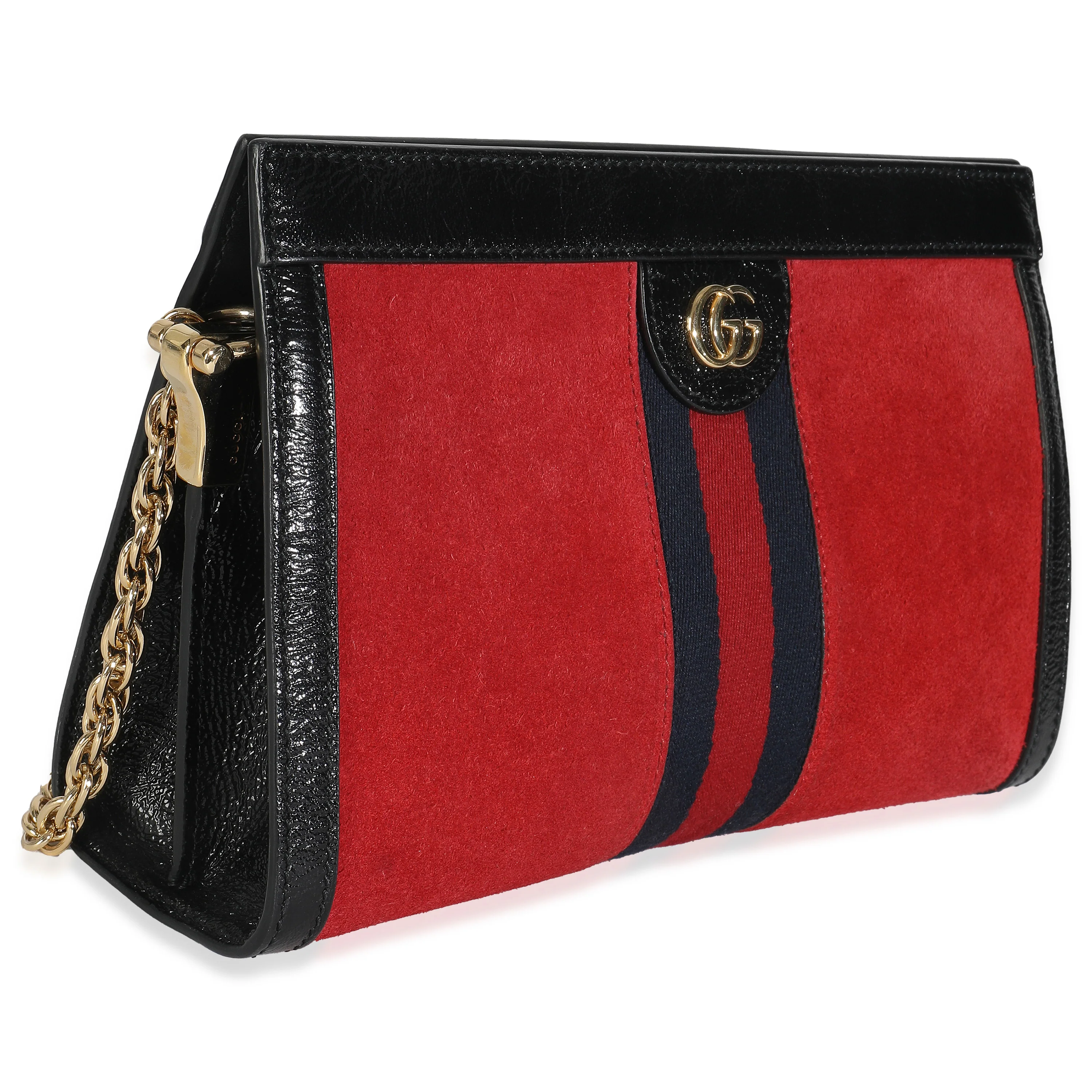 Hibiscus Red Suede Patent Web Small Ophidia Chain Shoulder Bag - Image 3