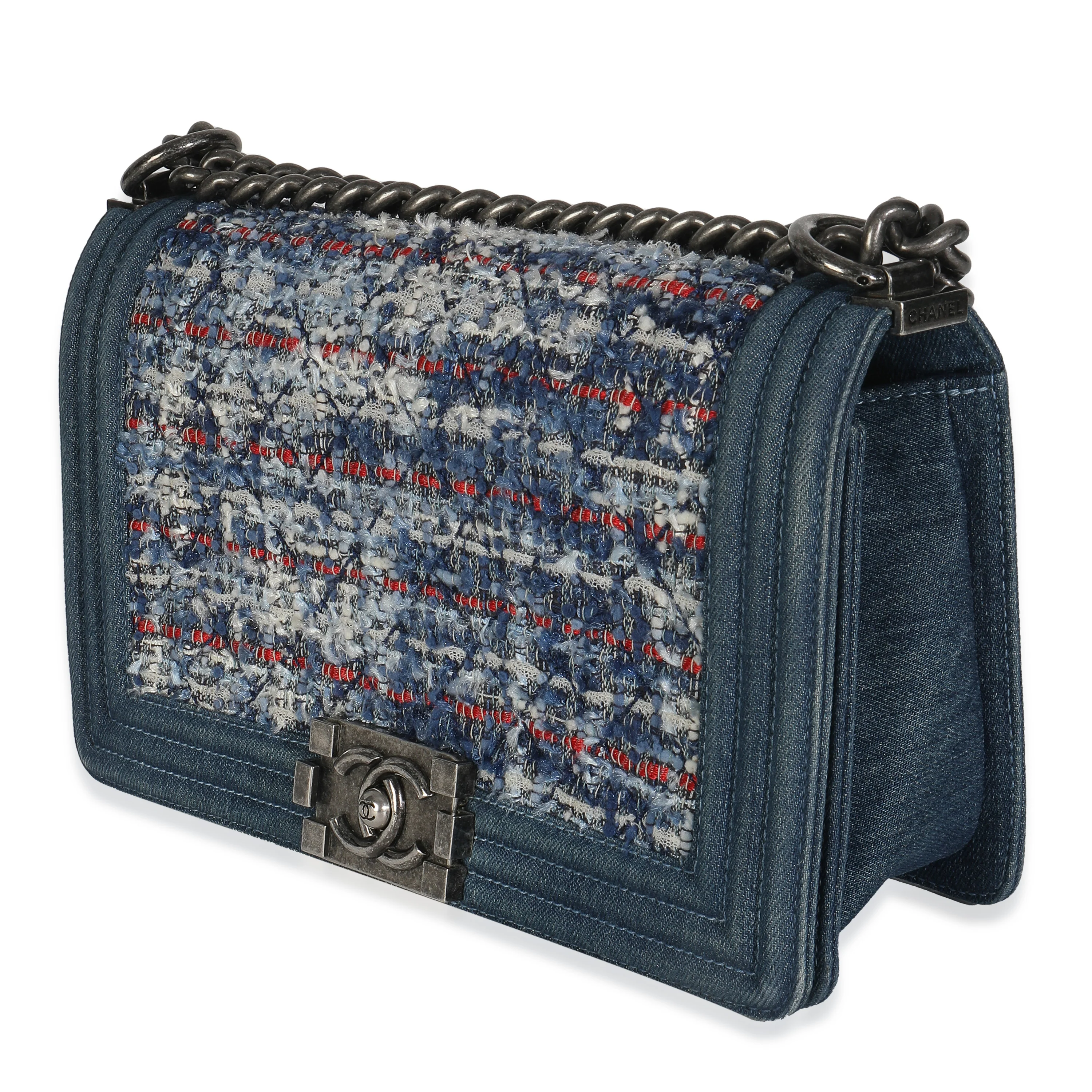 Blue Multicolor Denim Quilted Tweed Old Medium Boy Bag - Image 2
