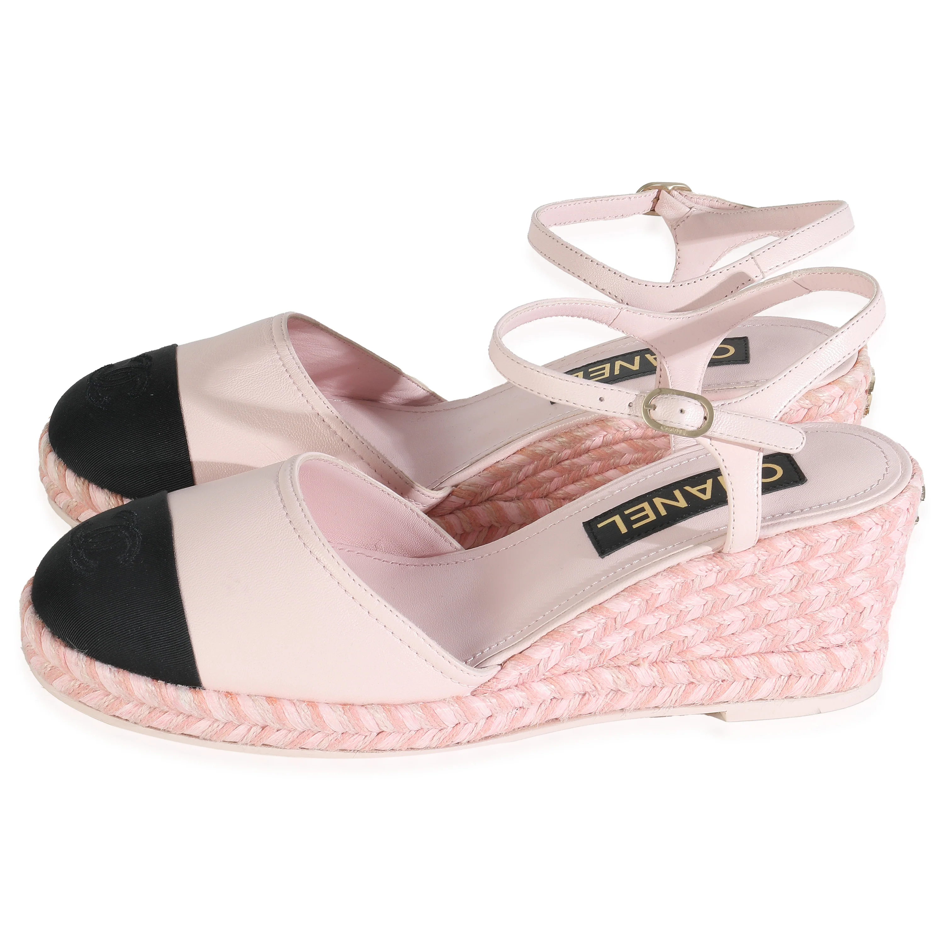 23S Pink Black Lambskin Grosgrain CC Espadrilles Wedges 40 - Image 2