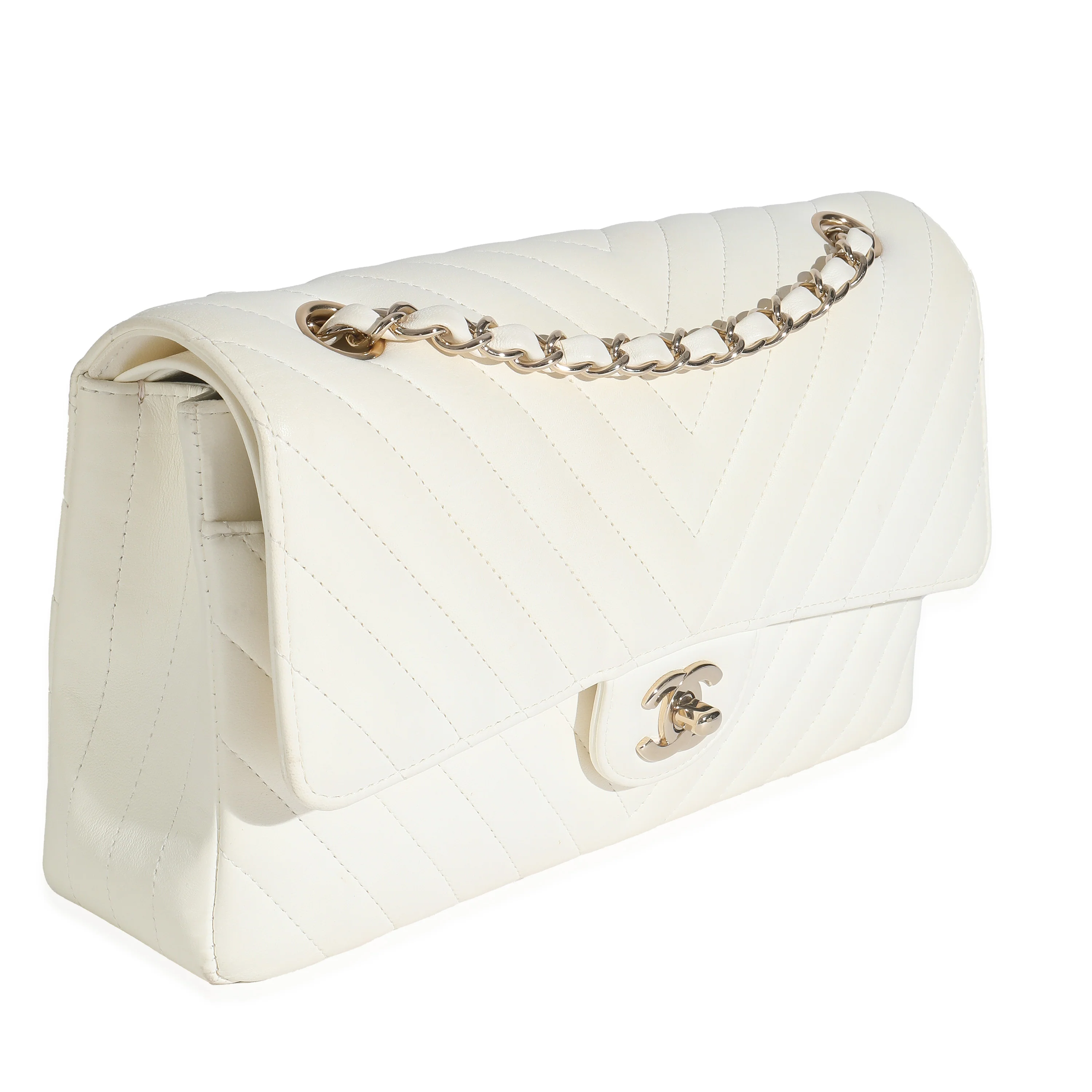 18C White Chevron Lambskin Medium Classic Double Flap Bag - Image 3