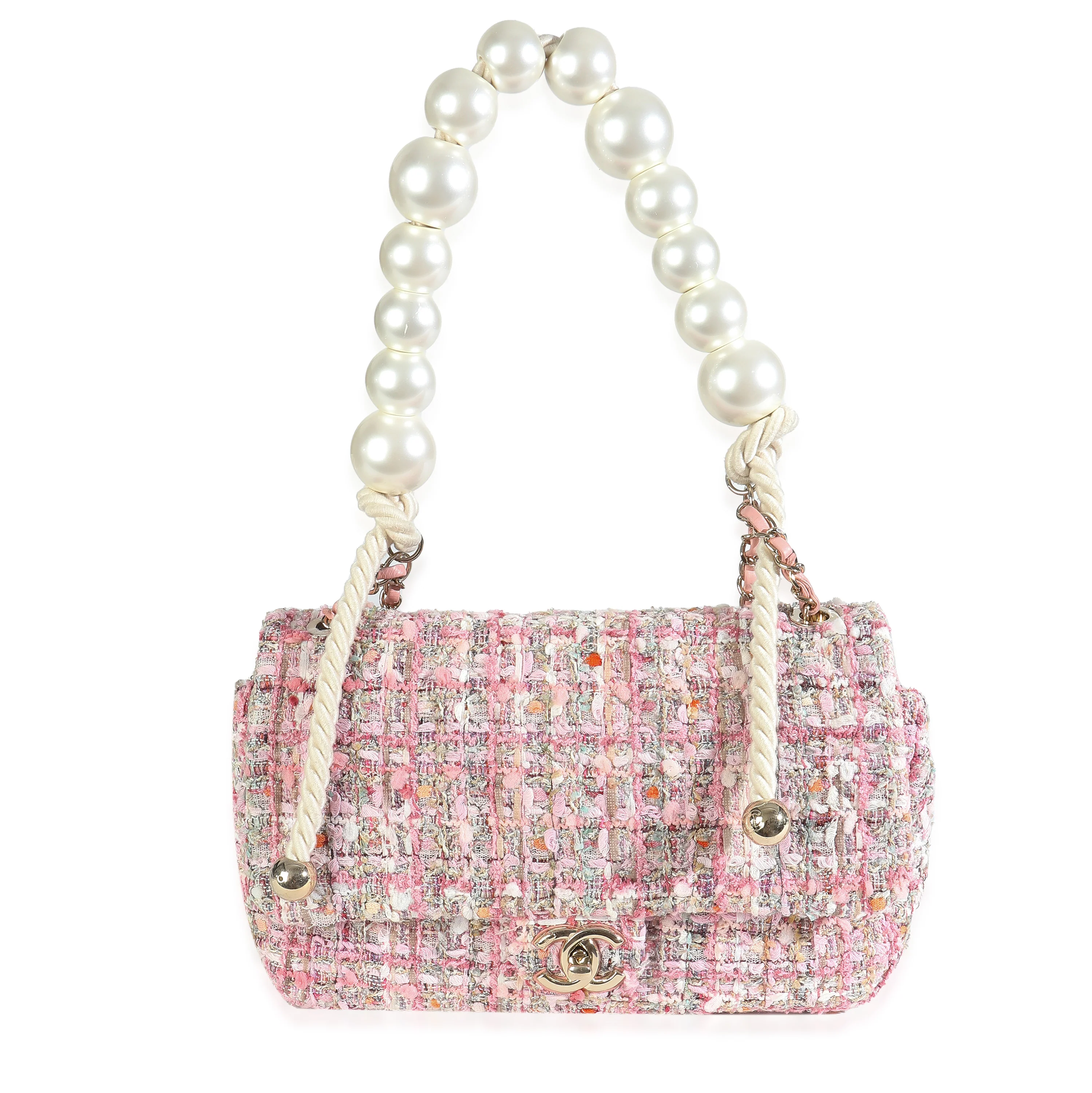 Pink Beige Orange Ecru Tweed Medium Pearl Handle Flap Bag