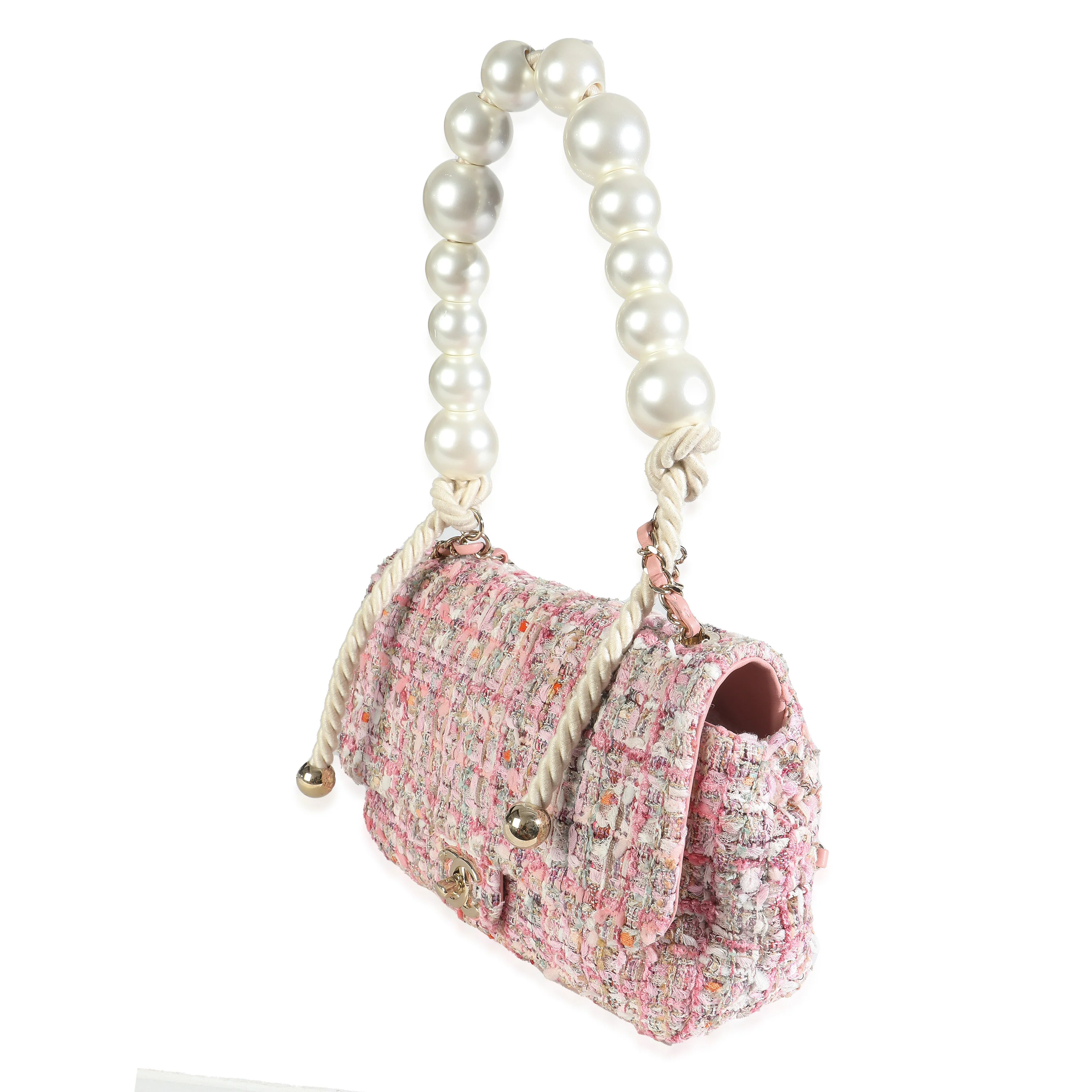 Pink Beige Orange Ecru Tweed Medium Pearl Handle Flap Bag - Image 2