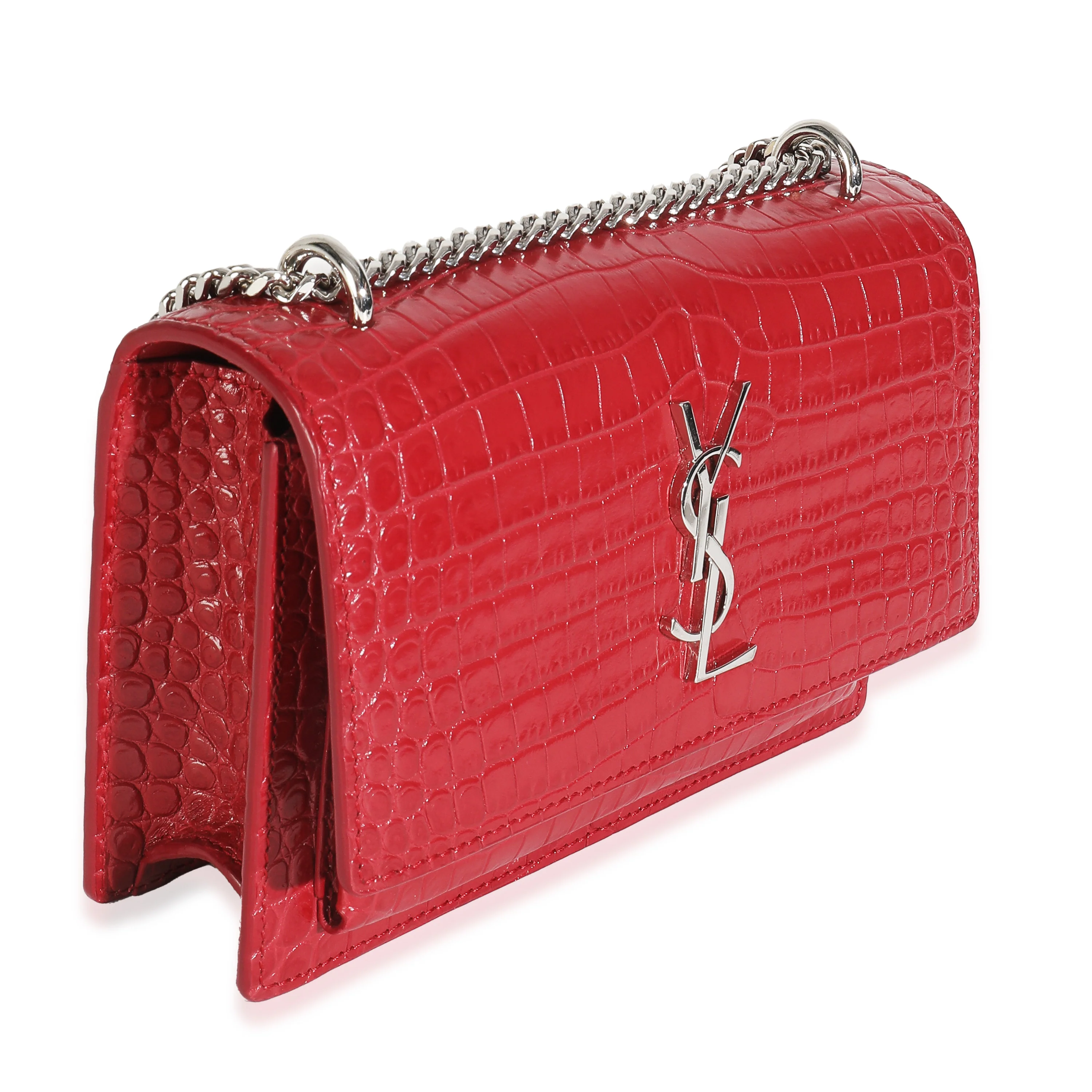 Red Calfskin Crocodile Embossed Monogram Sunset Chain Wallet - Image 3