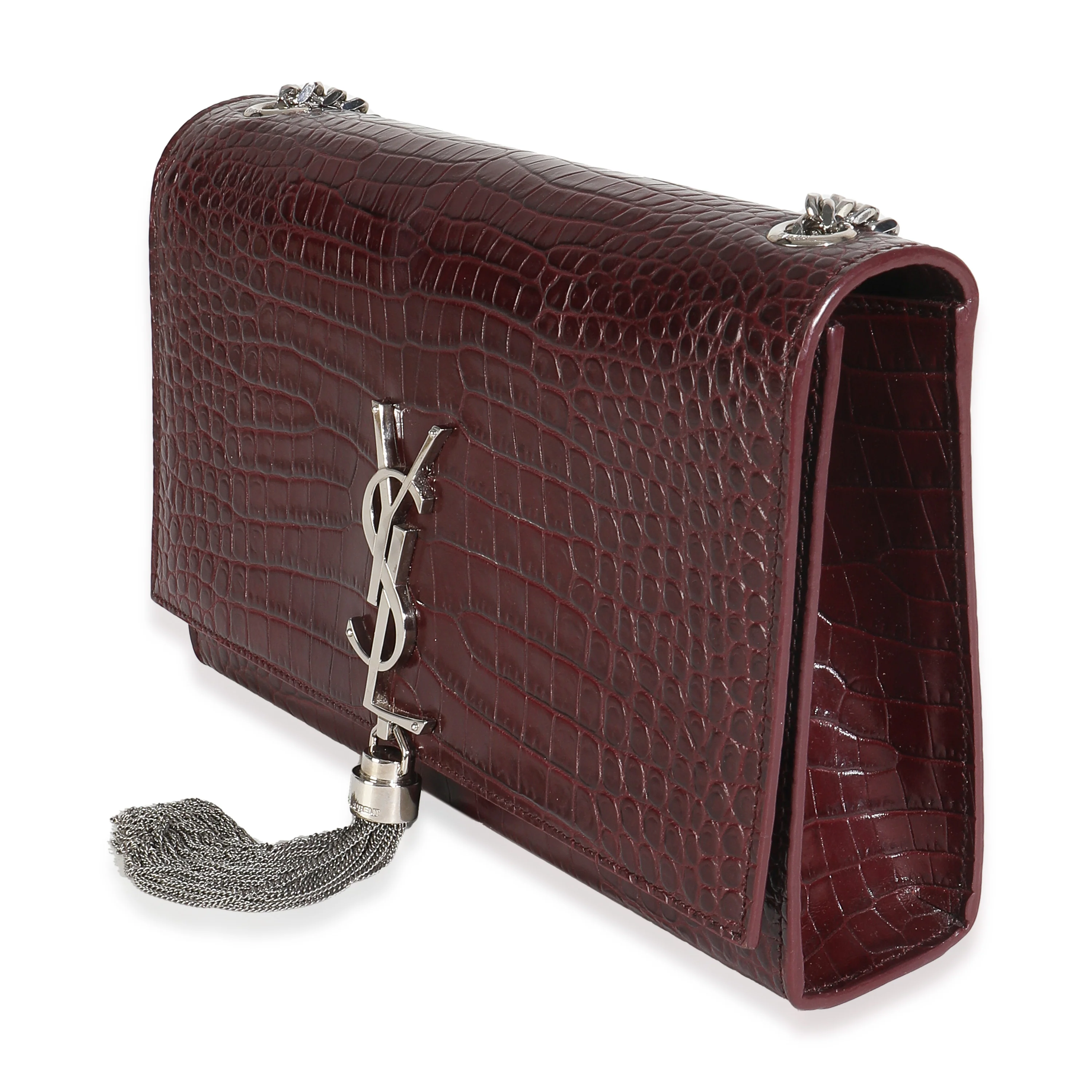 Maroon Calfskin Crocodile Embossed Medium Monogram Kate Tassel Bag - Image 2