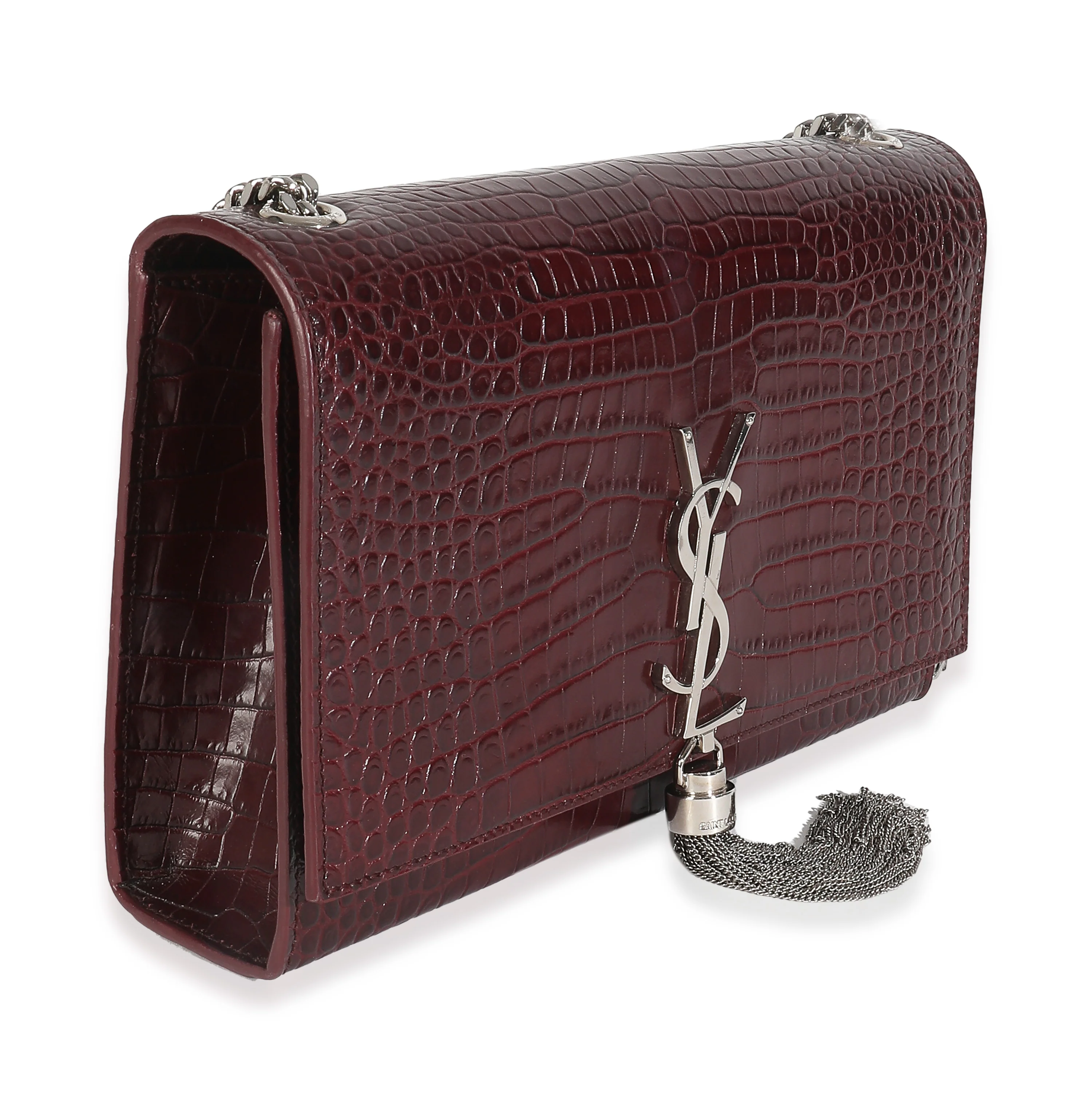Maroon Calfskin Crocodile Embossed Medium Monogram Kate Tassel Bag - Image 3