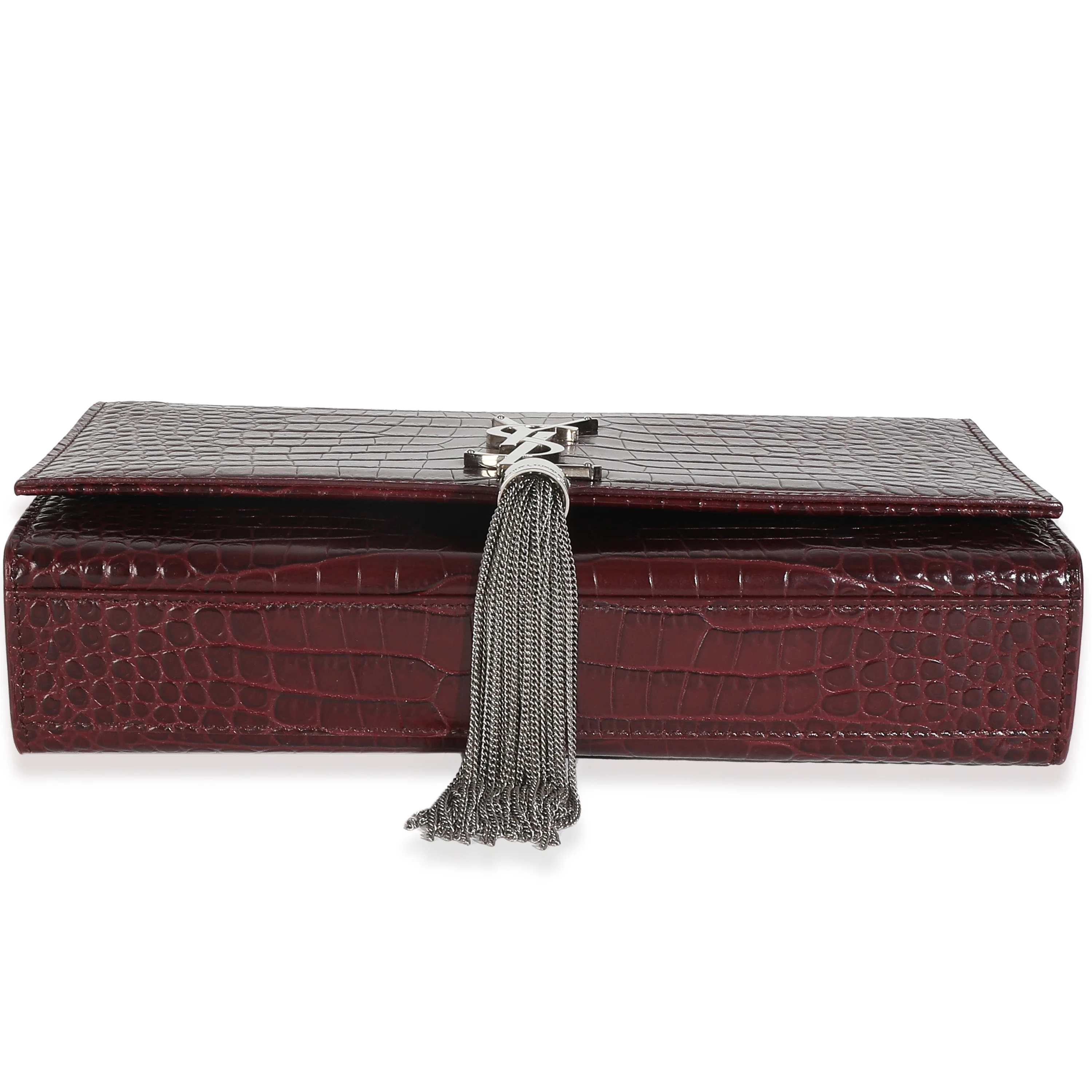 Maroon Calfskin Crocodile Embossed Medium Monogram Kate Tassel Bag - Image 5