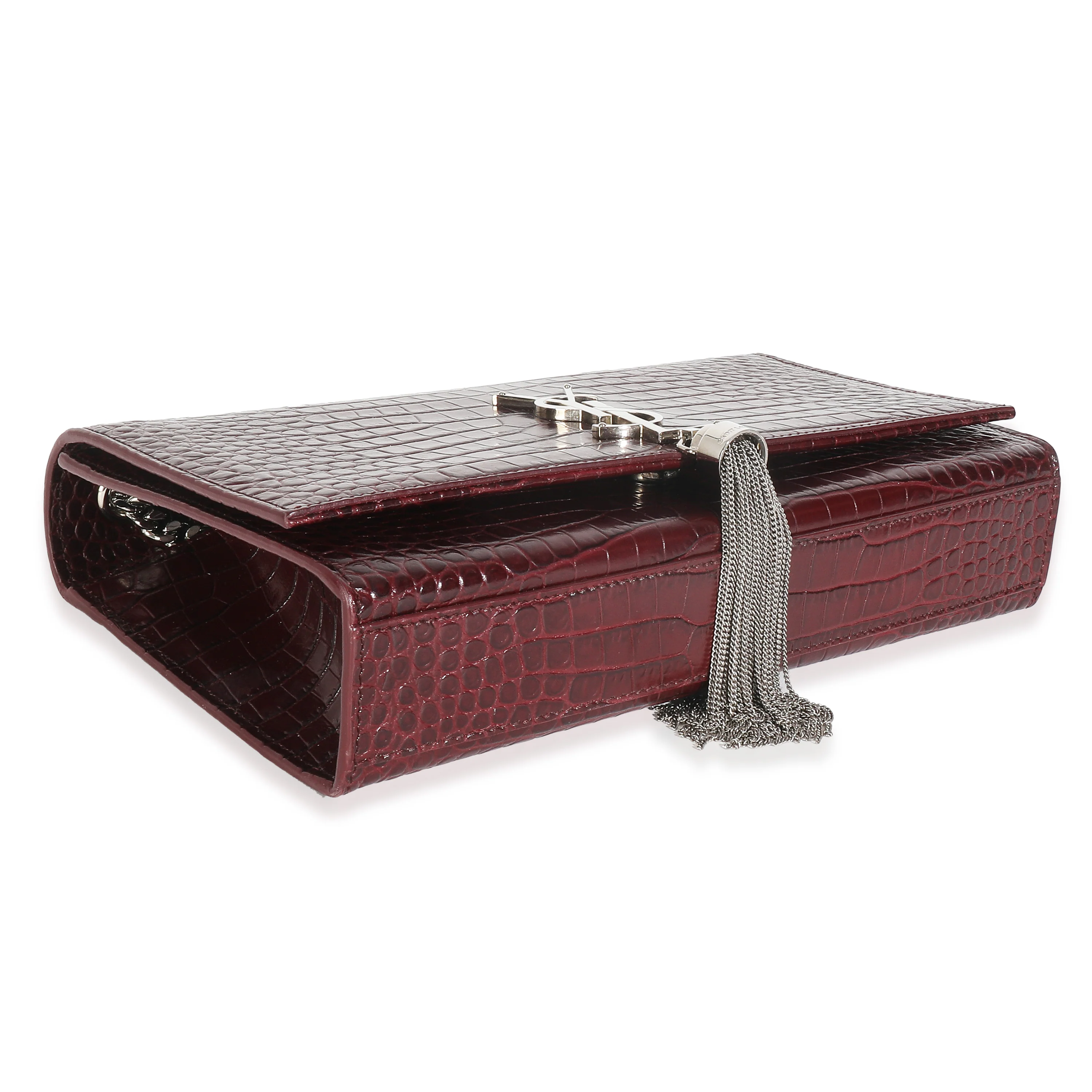 Maroon Calfskin Crocodile Embossed Medium Monogram Kate Tassel Bag - Image 6
