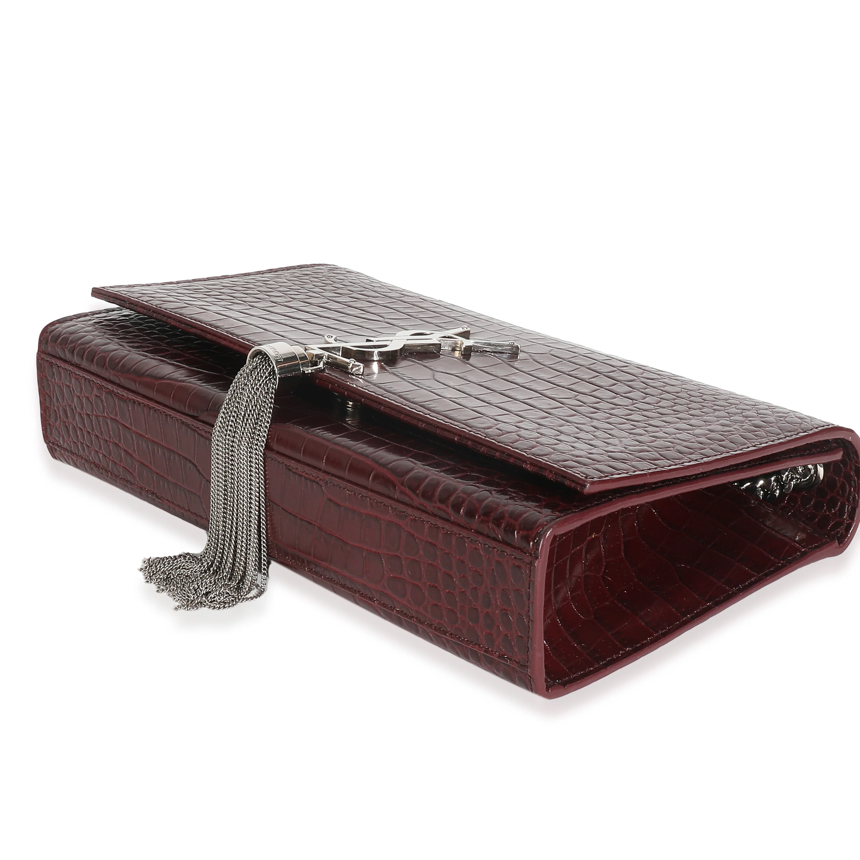 Maroon Calfskin Crocodile Embossed Medium Monogram Kate Tassel Bag - Image 7
