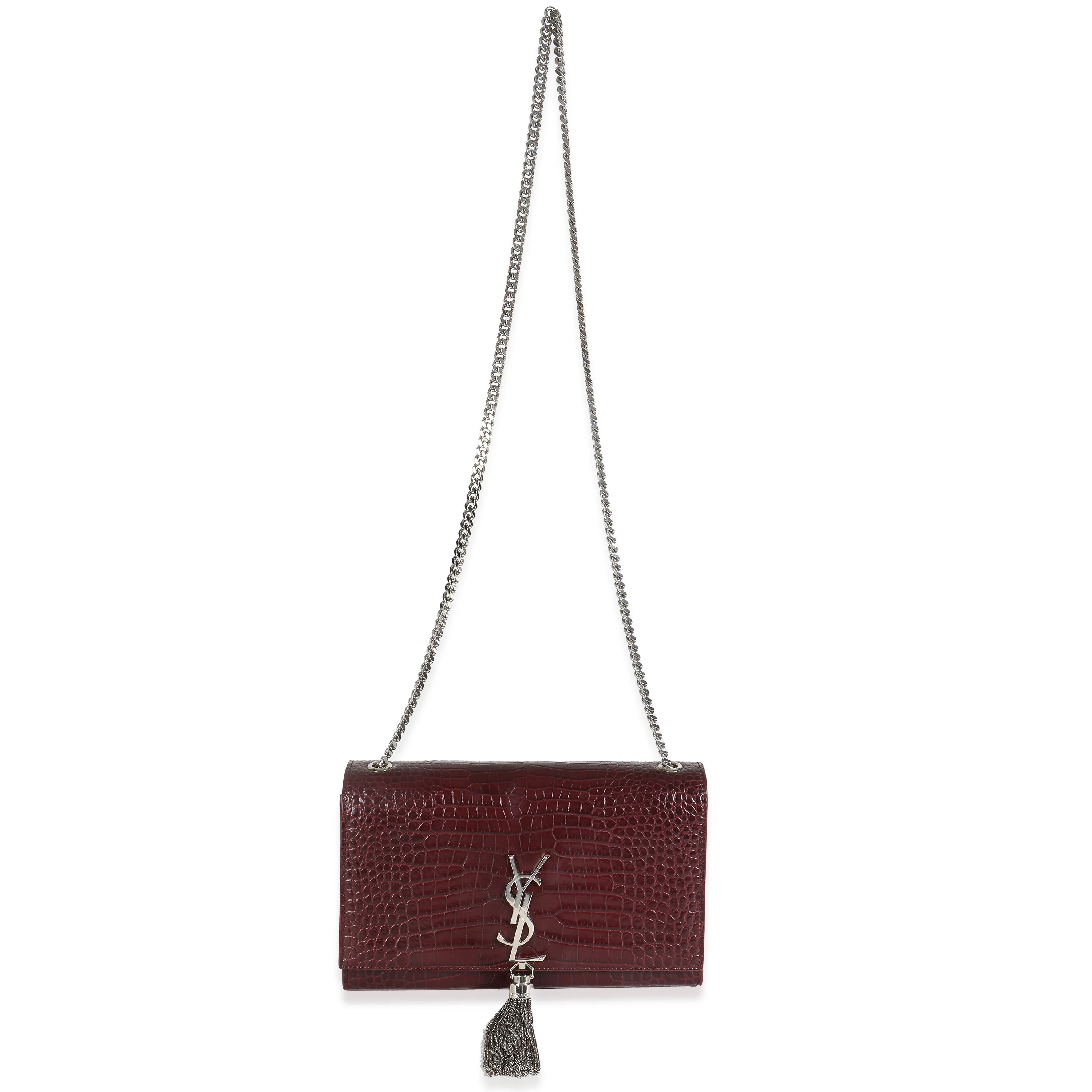 Maroon Calfskin Crocodile Embossed Medium Monogram Kate Tassel Bag - Image 8
