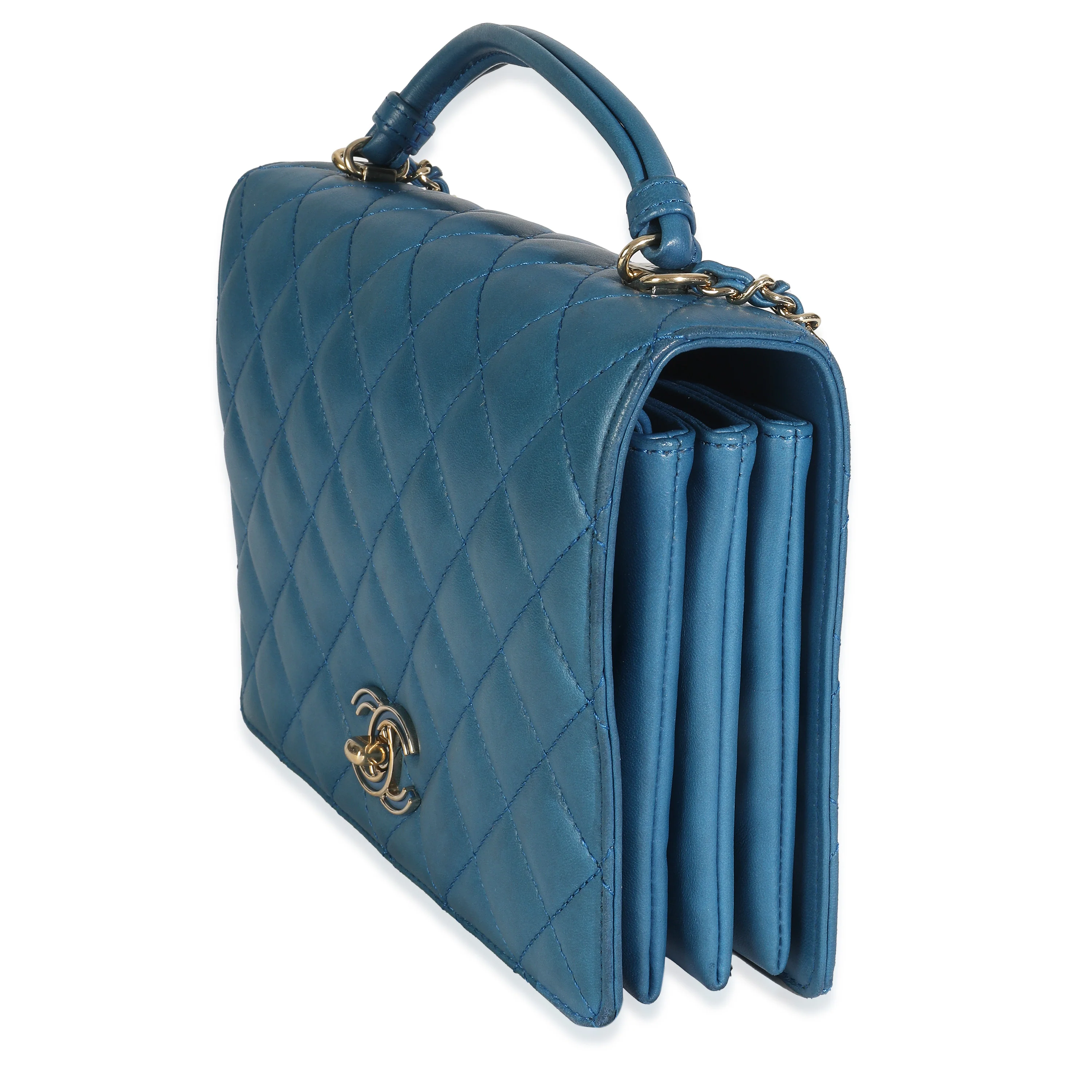 Blue Quilted Lambskin Top Handle Flap Bag - Image 2