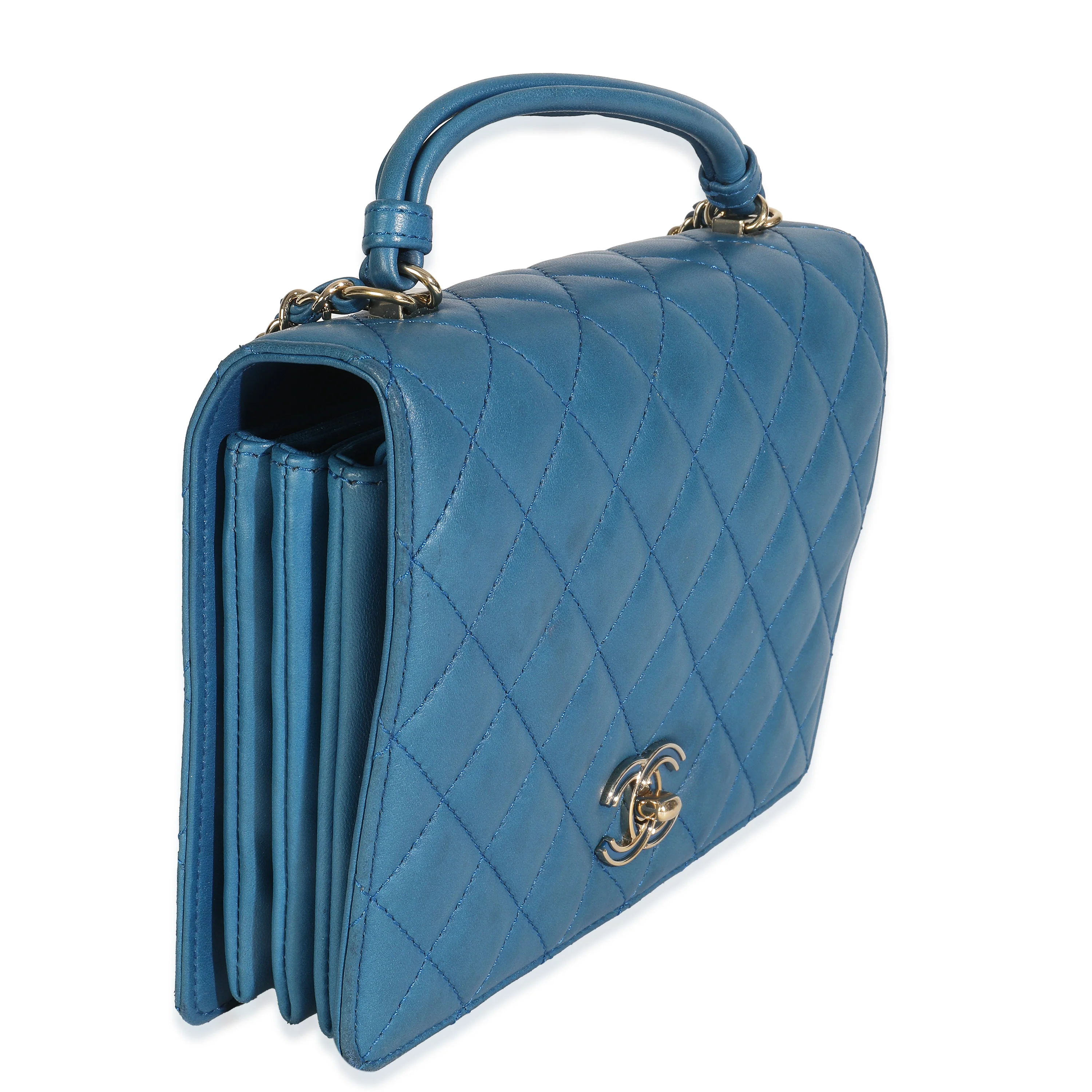 Blue Quilted Lambskin Top Handle Flap Bag - Image 3