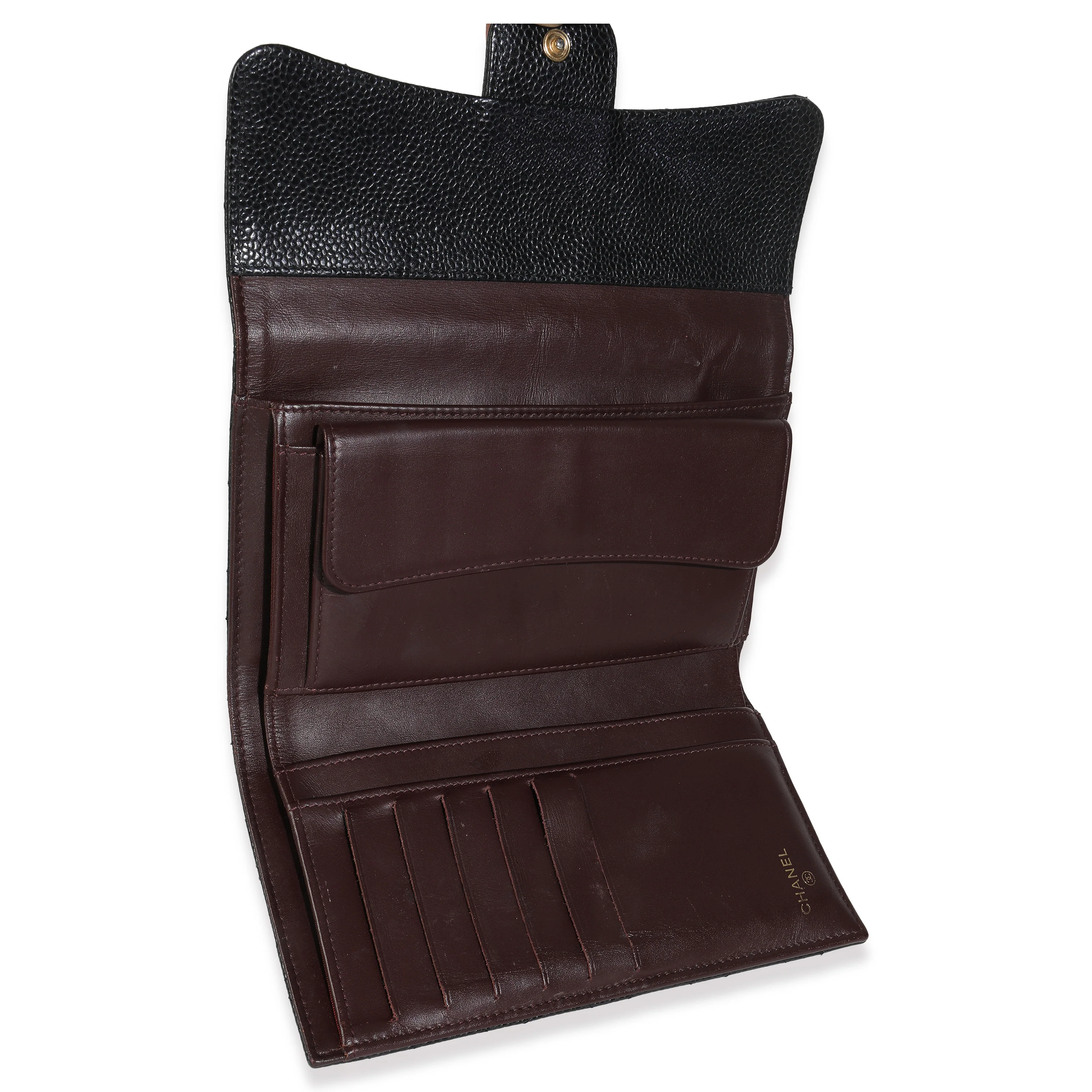 Black Quilted Caviar Large Flap Wallet - Image 8