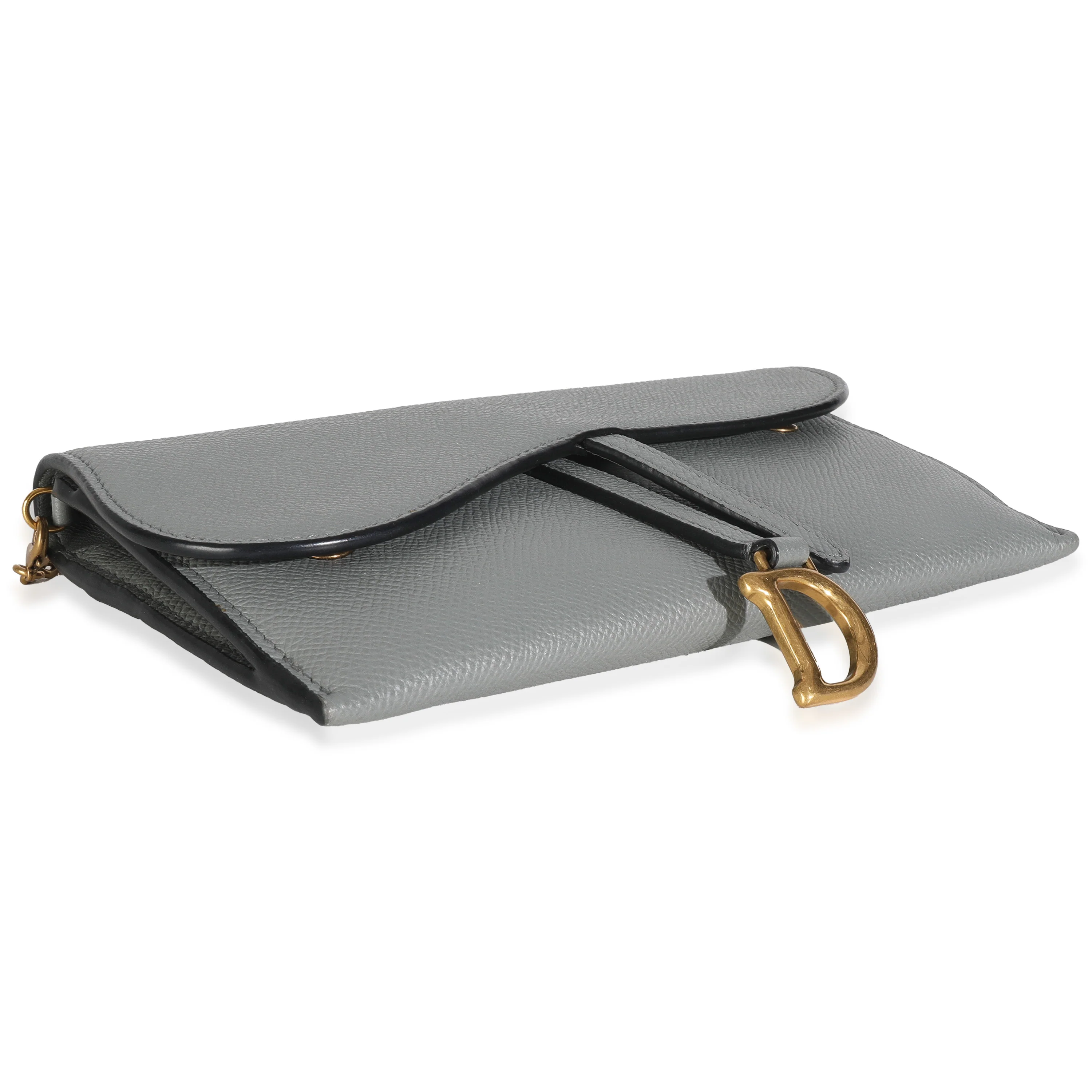 Grey Stone Grained Calfskin Saddle Chain Wallet Pouch - Image 6