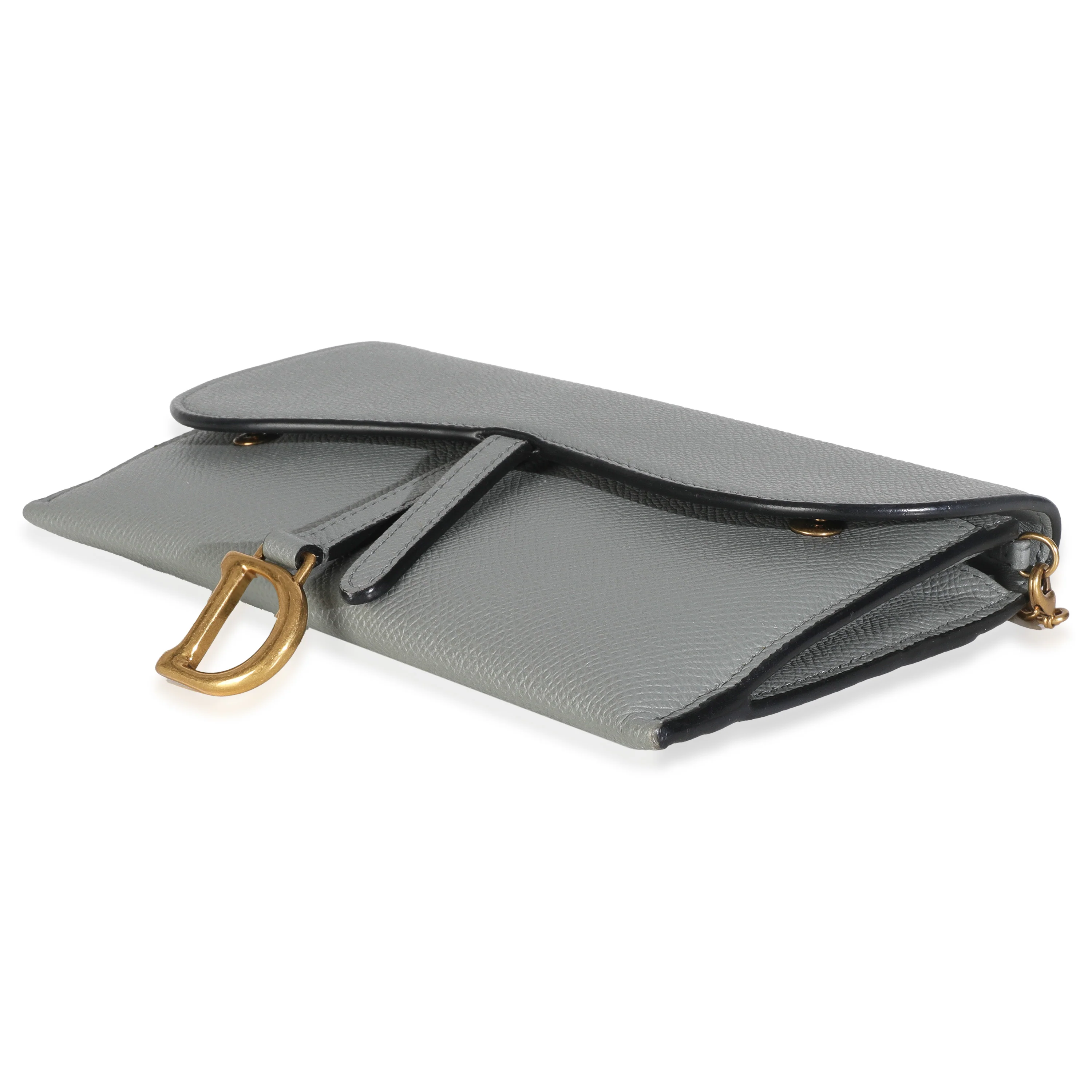 Grey Stone Grained Calfskin Saddle Chain Wallet Pouch - Image 7
