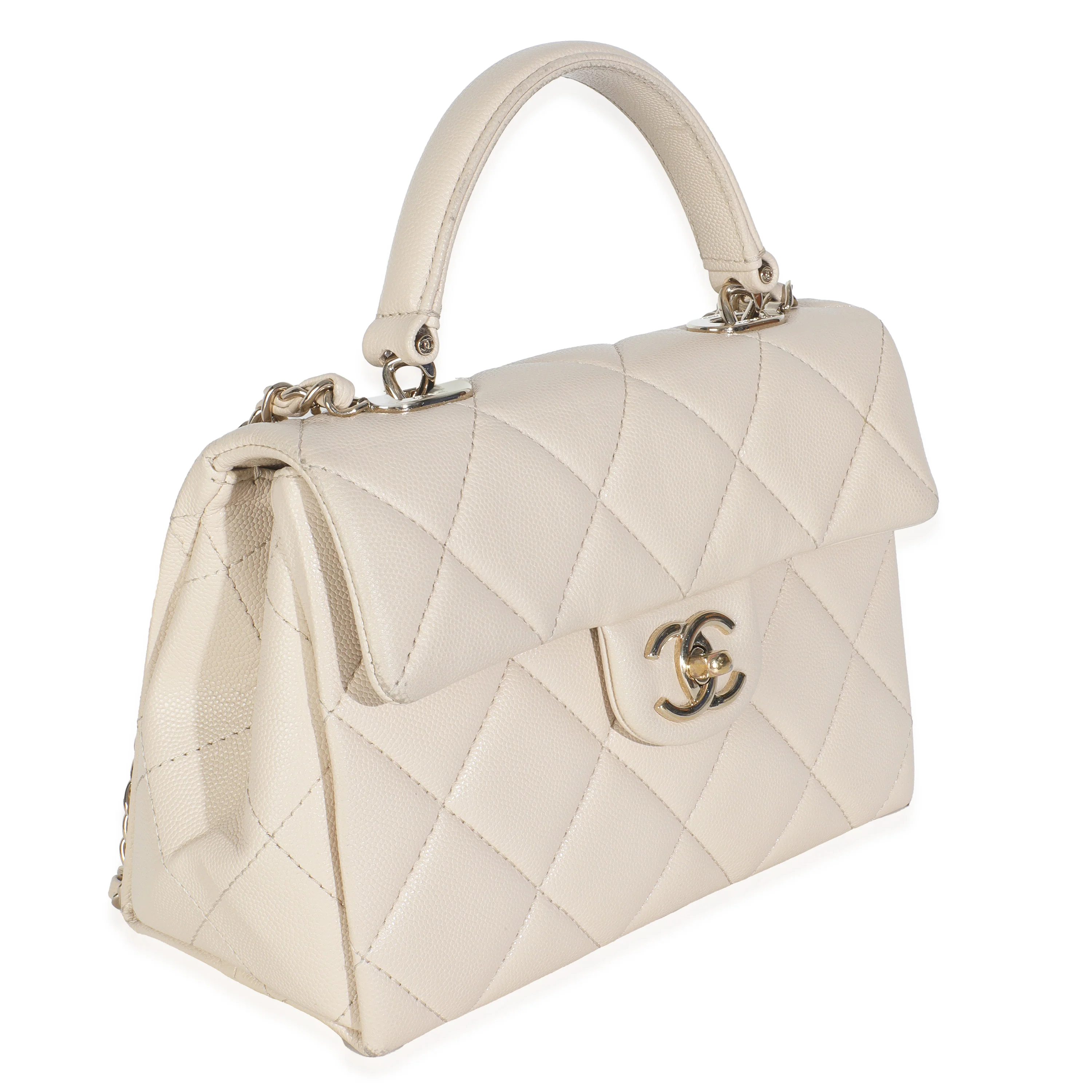 Beige Quilted Caviar Mini Retro Twist Top Handle Flap Handbag - Image 4