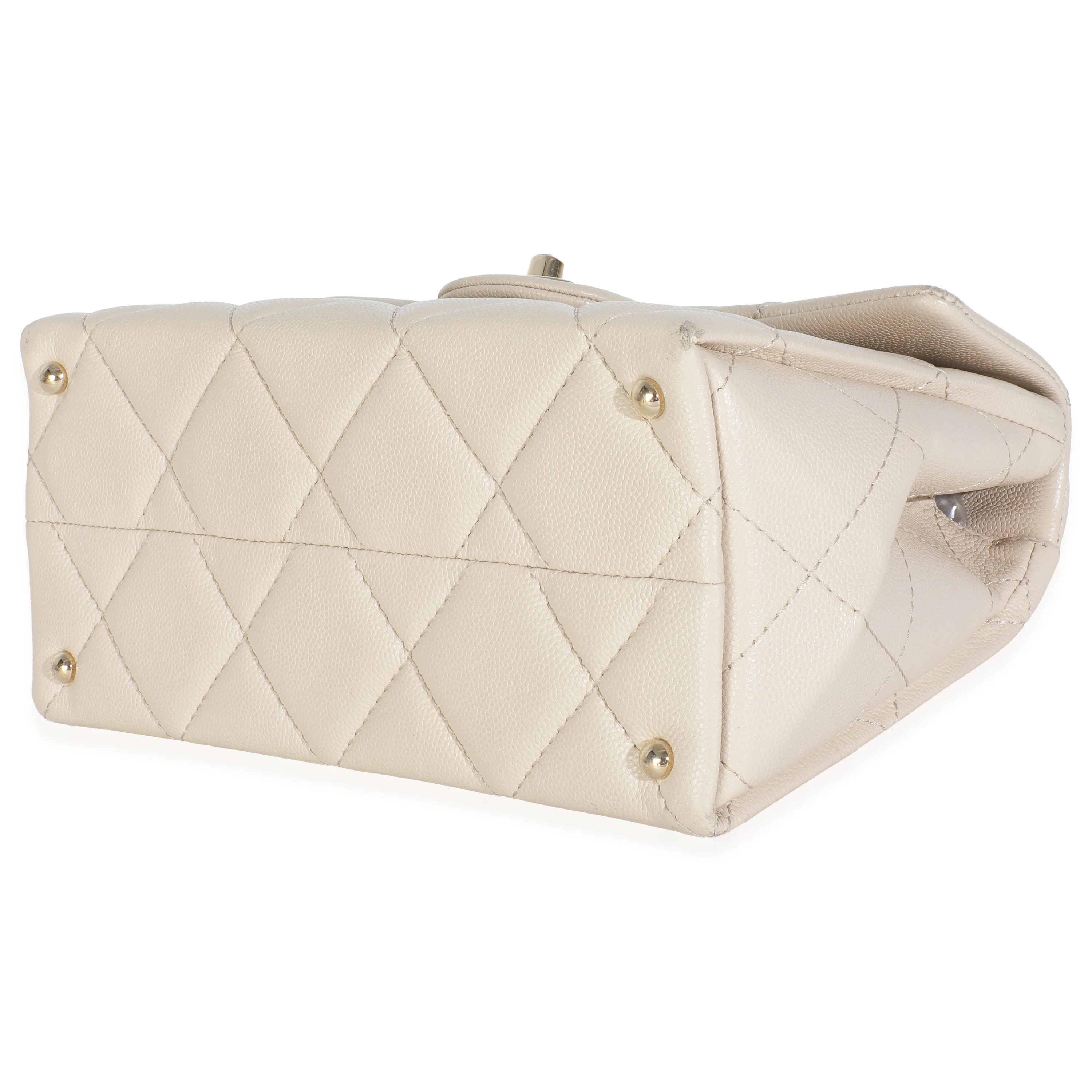 Beige Quilted Caviar Mini Retro Twist Top Handle Flap Handbag - Image 6