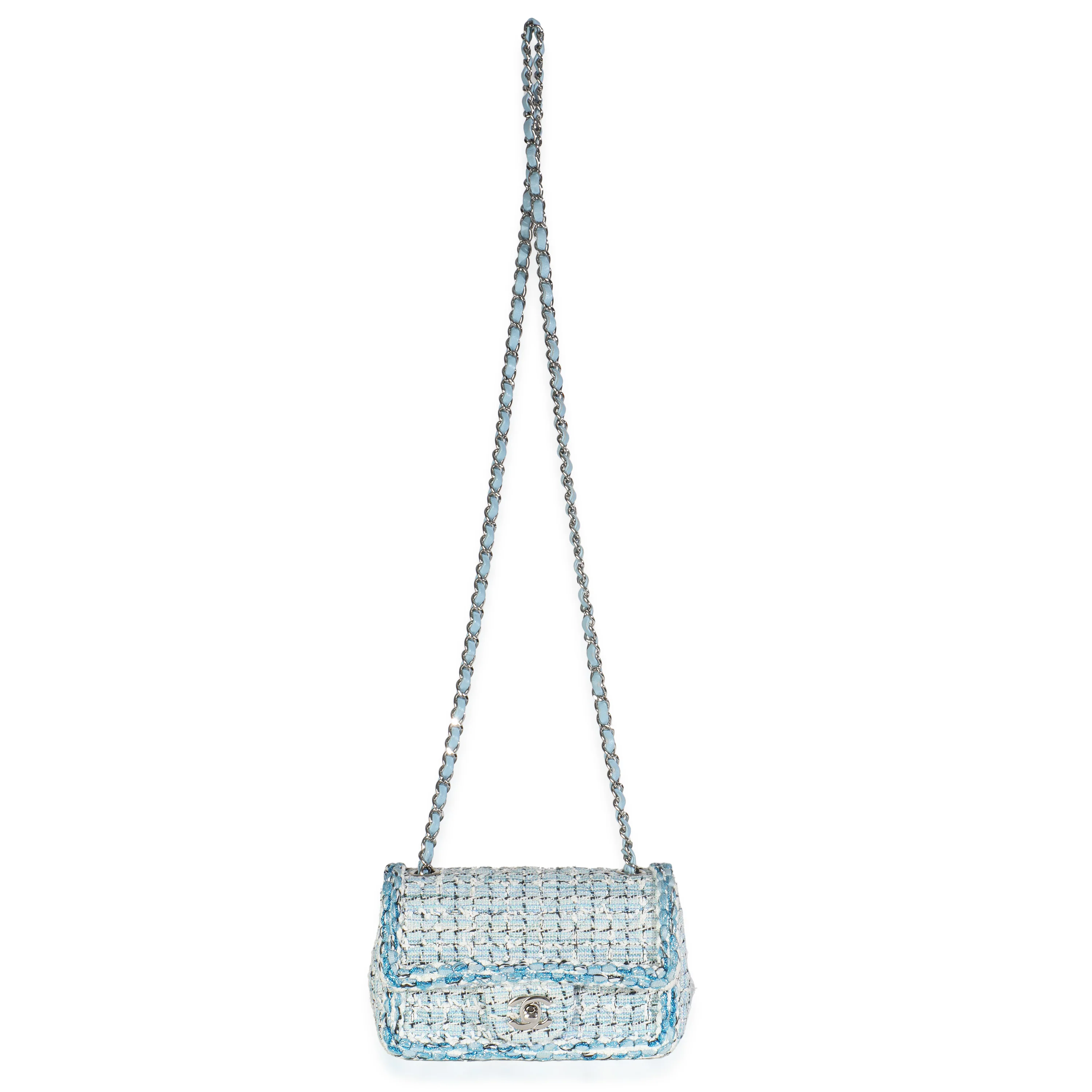 Blue White Quilted Metallic Tweed Braided Mini Rectangular Flap Bag - Image 8