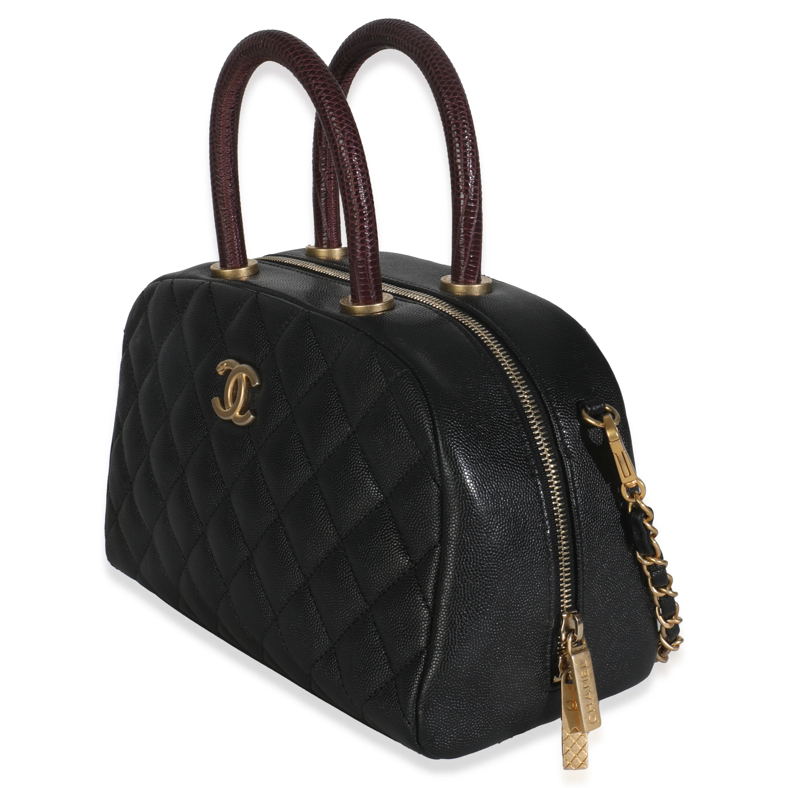 Black Quilted Caviar Coco Top Handle Bowling Bag - Image 2