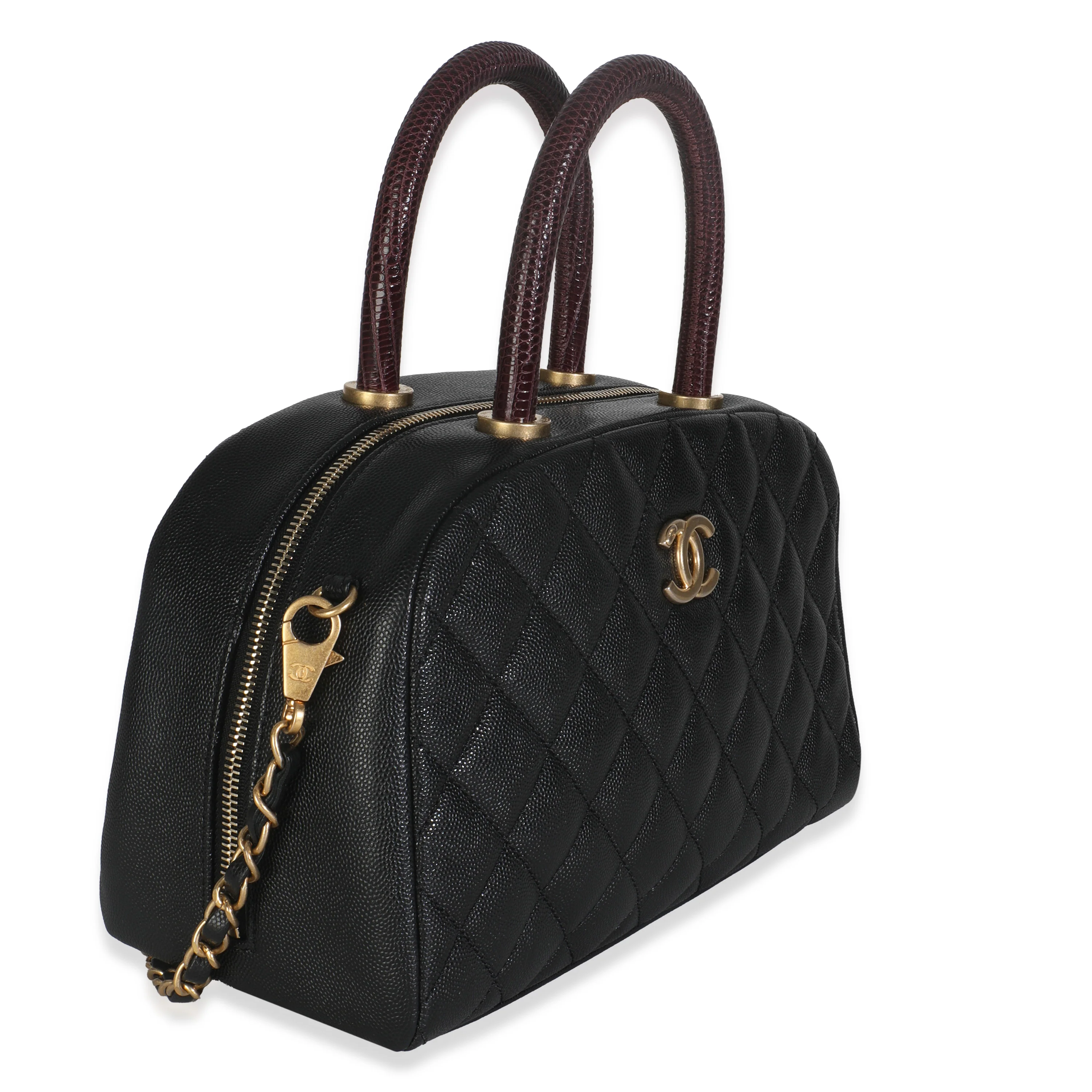 Black Quilted Caviar Coco Top Handle Bowling Bag - Image 3