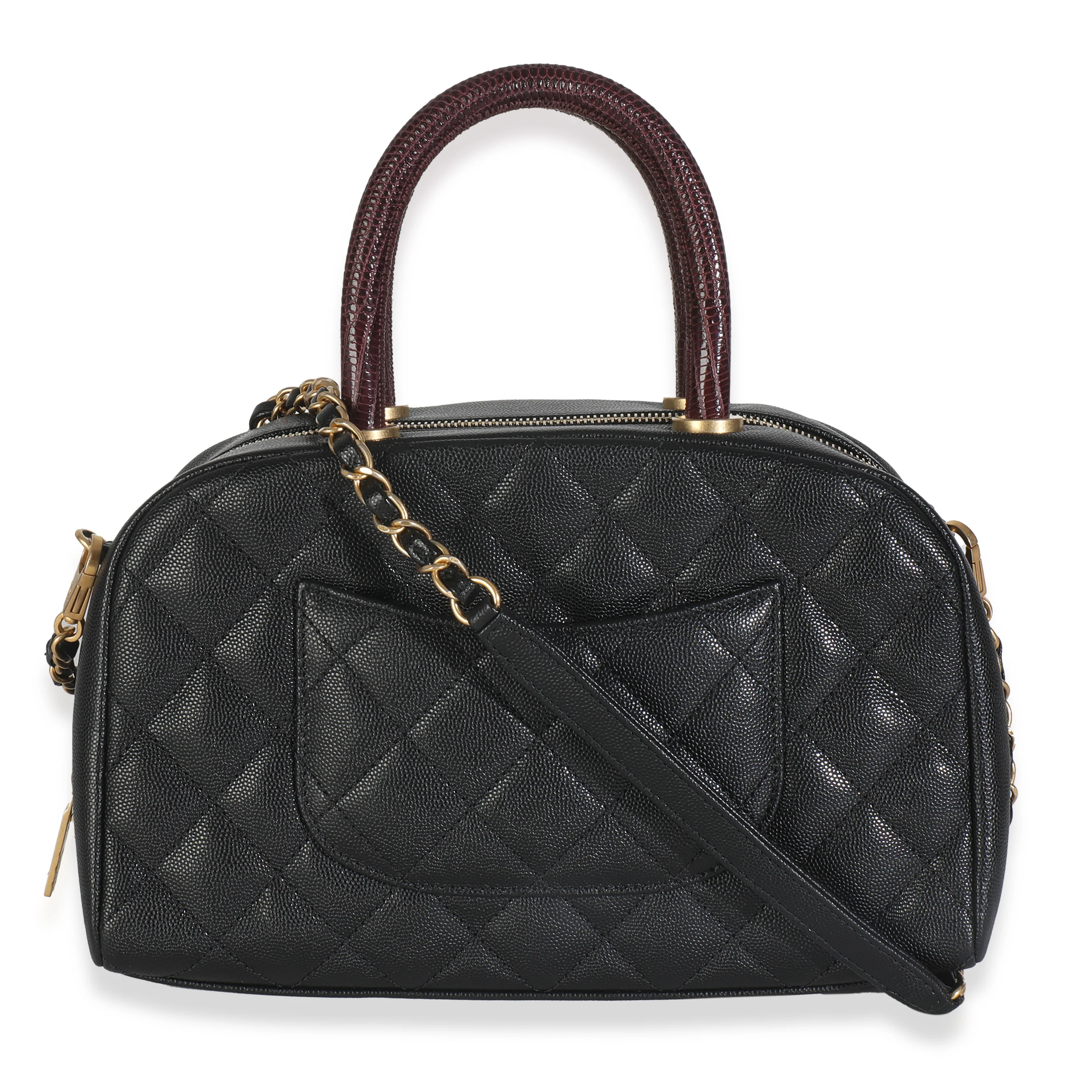 Black Quilted Caviar Coco Top Handle Bowling Bag - Image 4