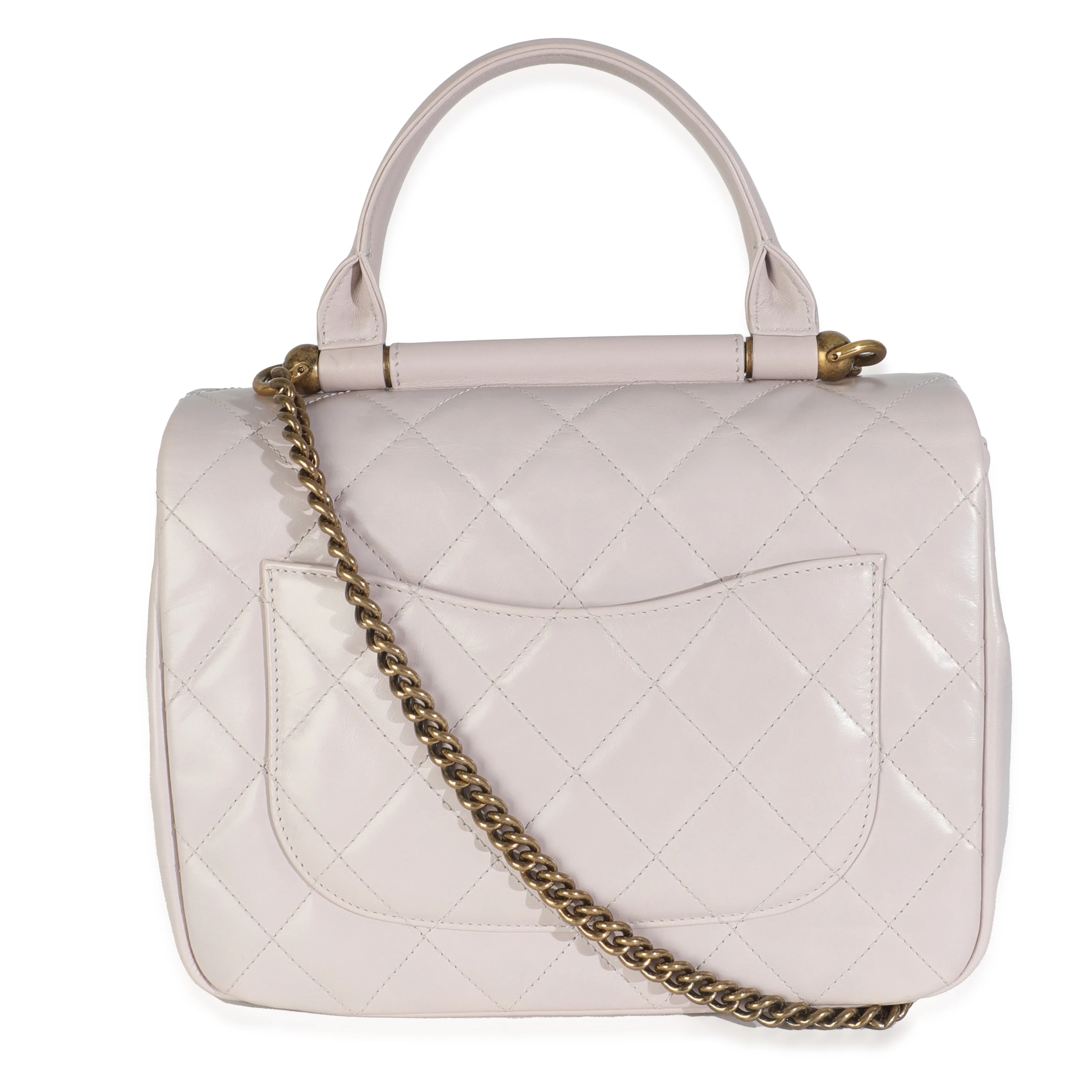 Light Pink Quilted Glazed Calfskin Medium Gold Bar Top Handle Flap Bag - Image 4