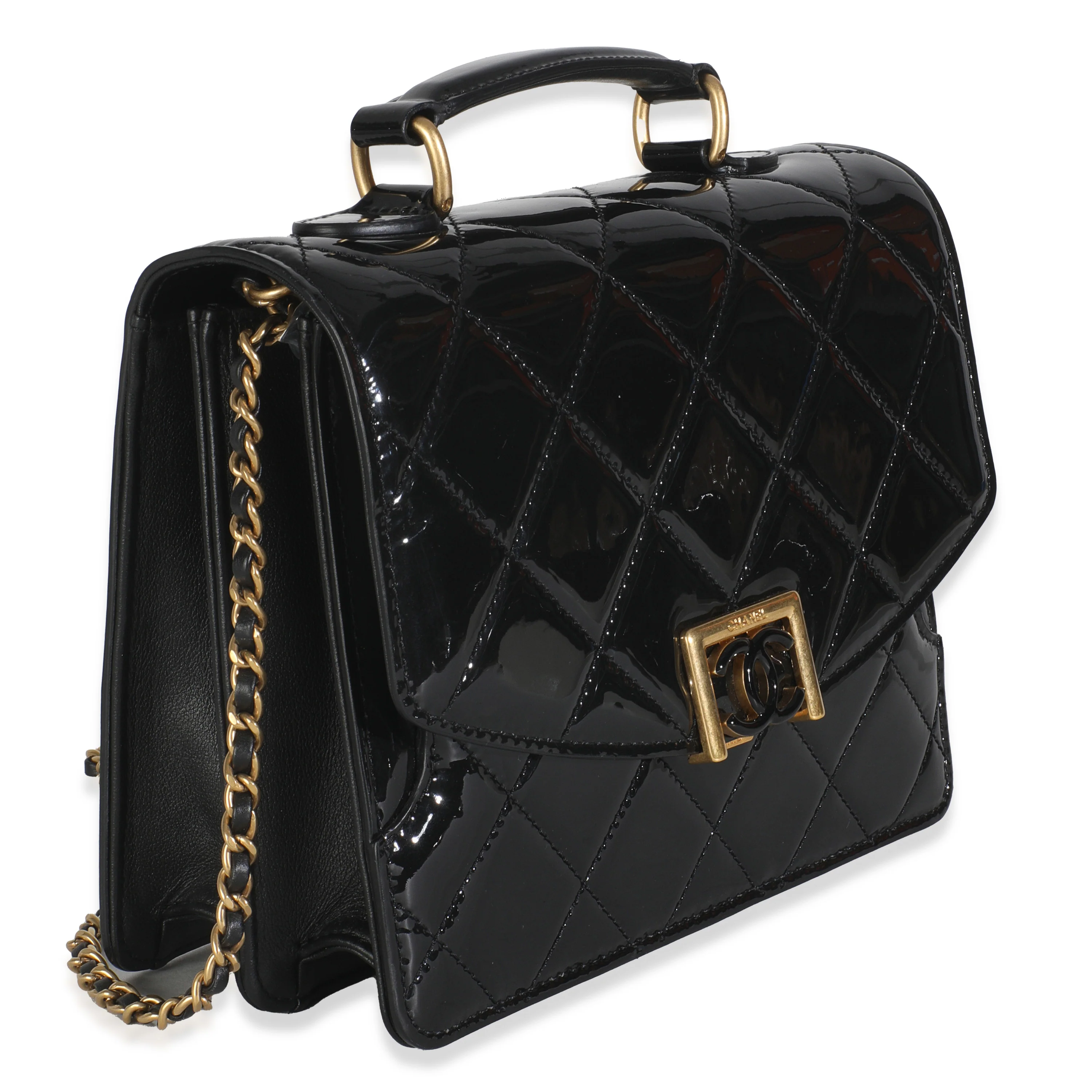 23A Black Quilted Patent Accordion Pushlock Top Handle Flap Bag - Image 3