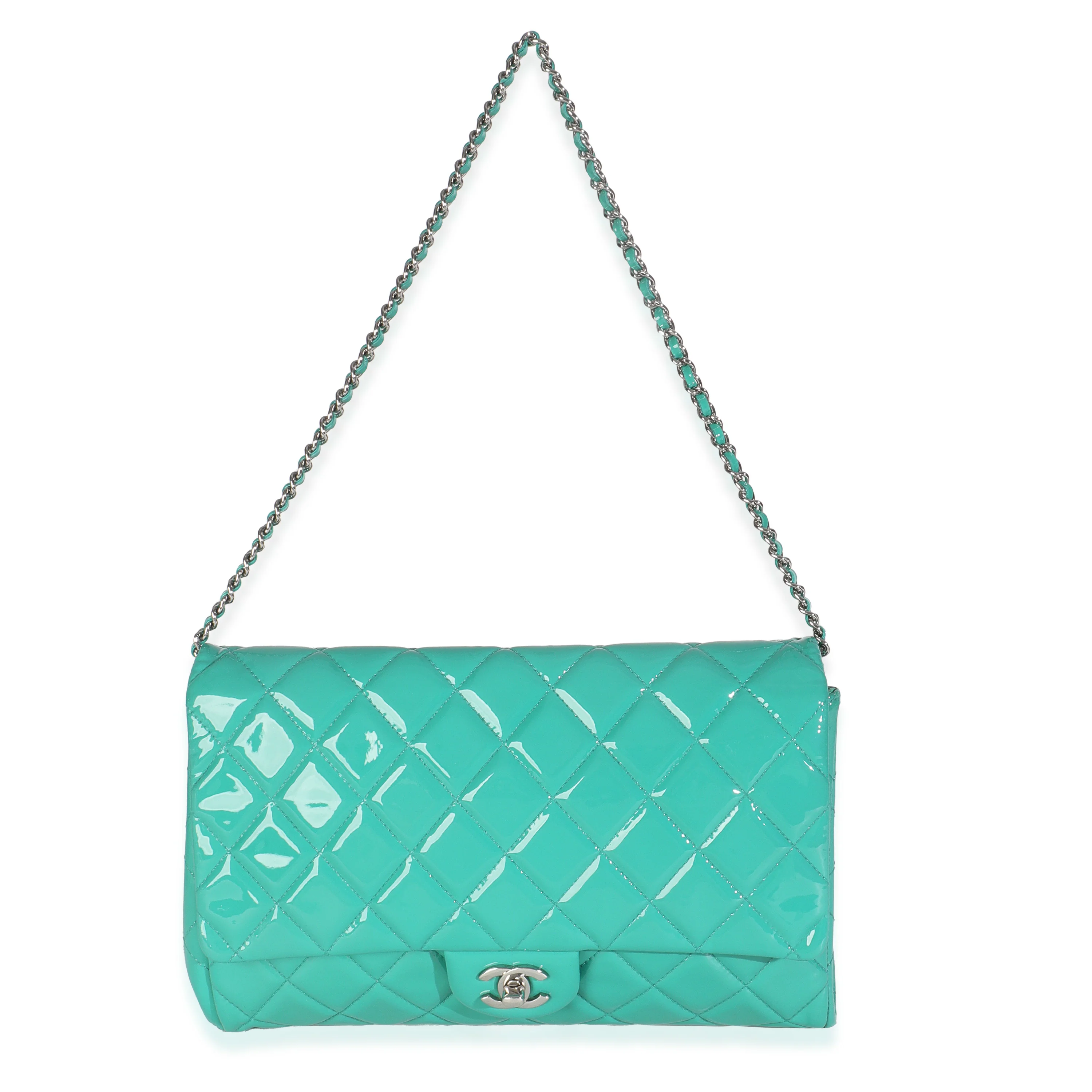 Turquoise Quilted Patent Classic Flap Clutch With Chain - Image 8