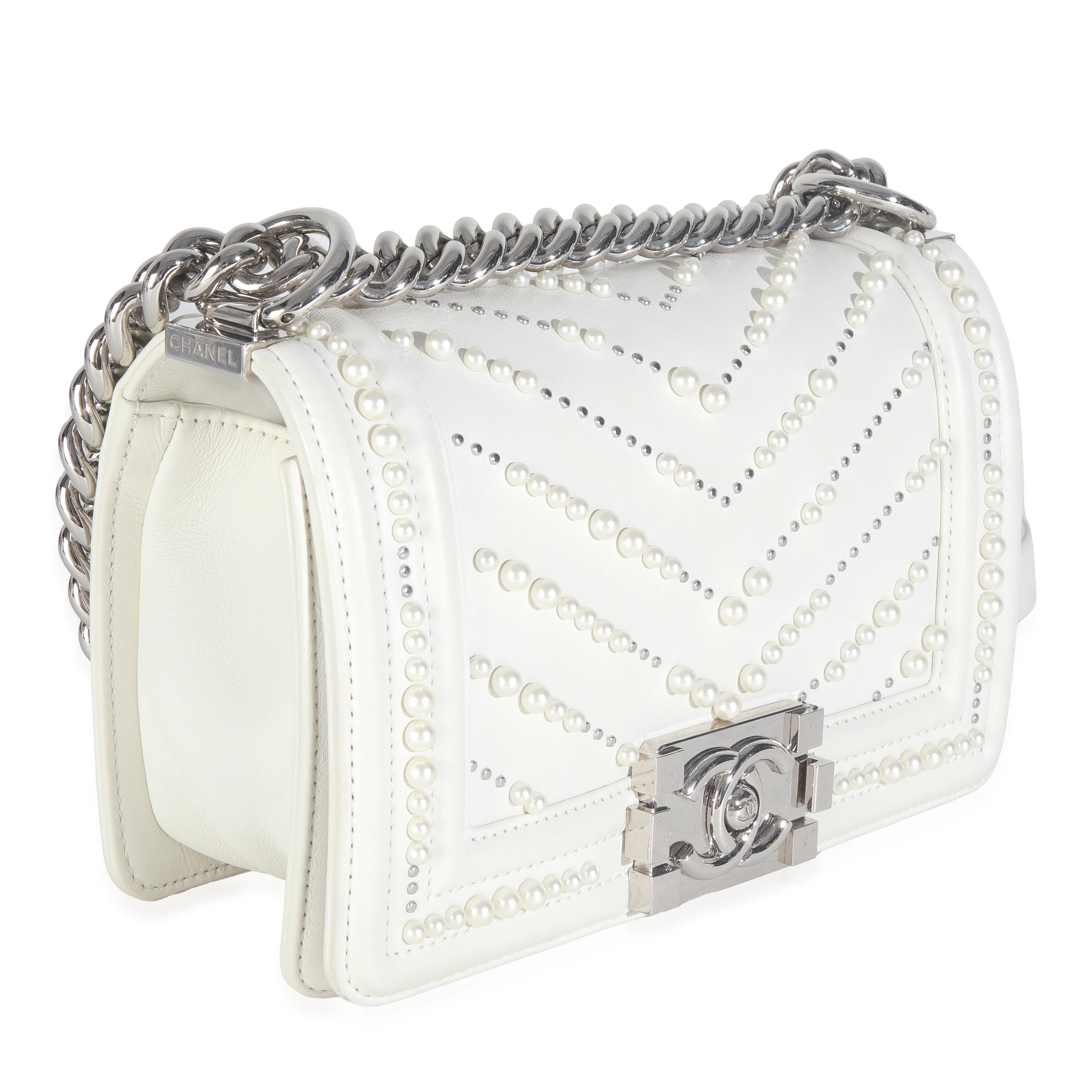 White Calfskin Pearl Chevron Small Boy Bag - Image 3