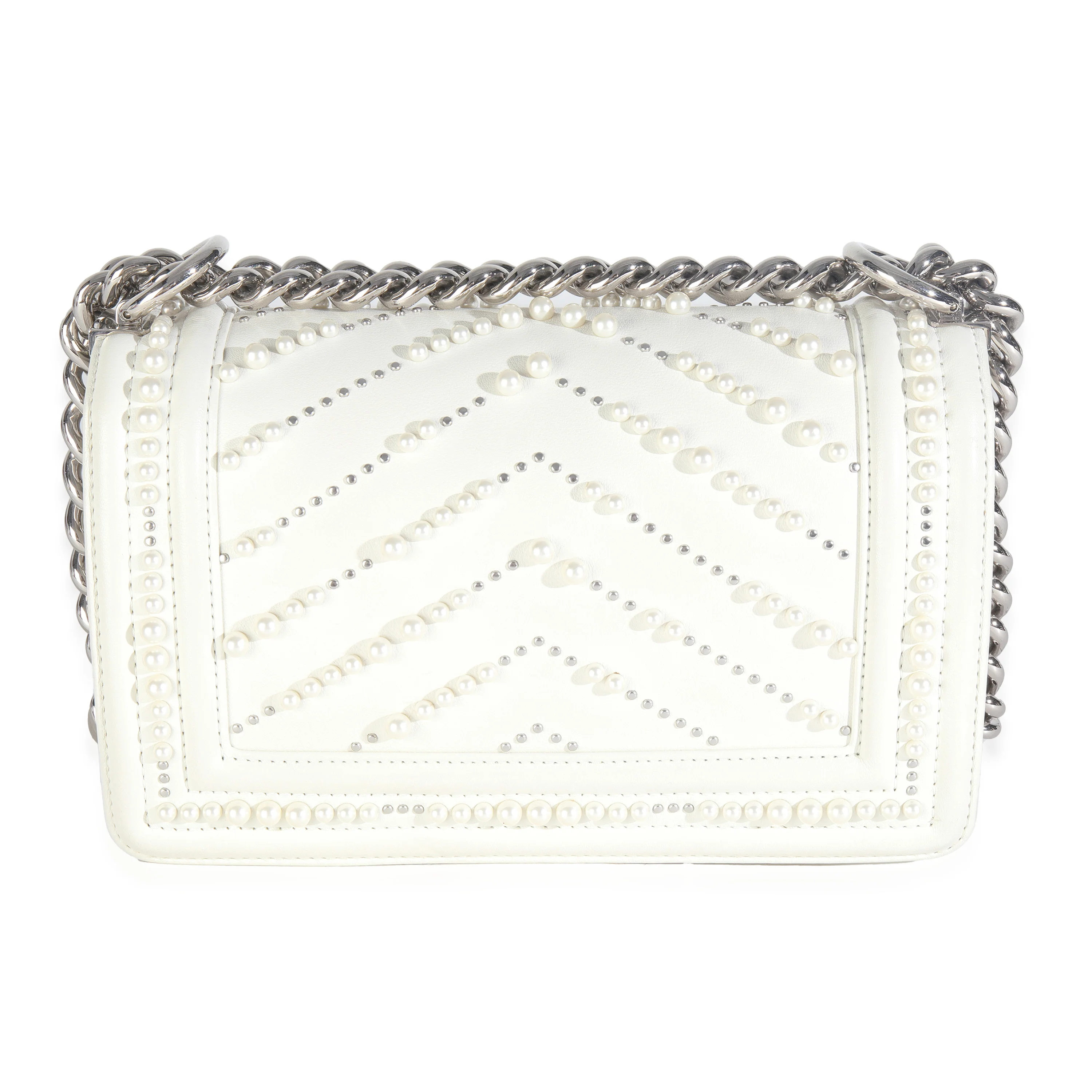 White Calfskin Pearl Chevron Small Boy Bag - Image 4