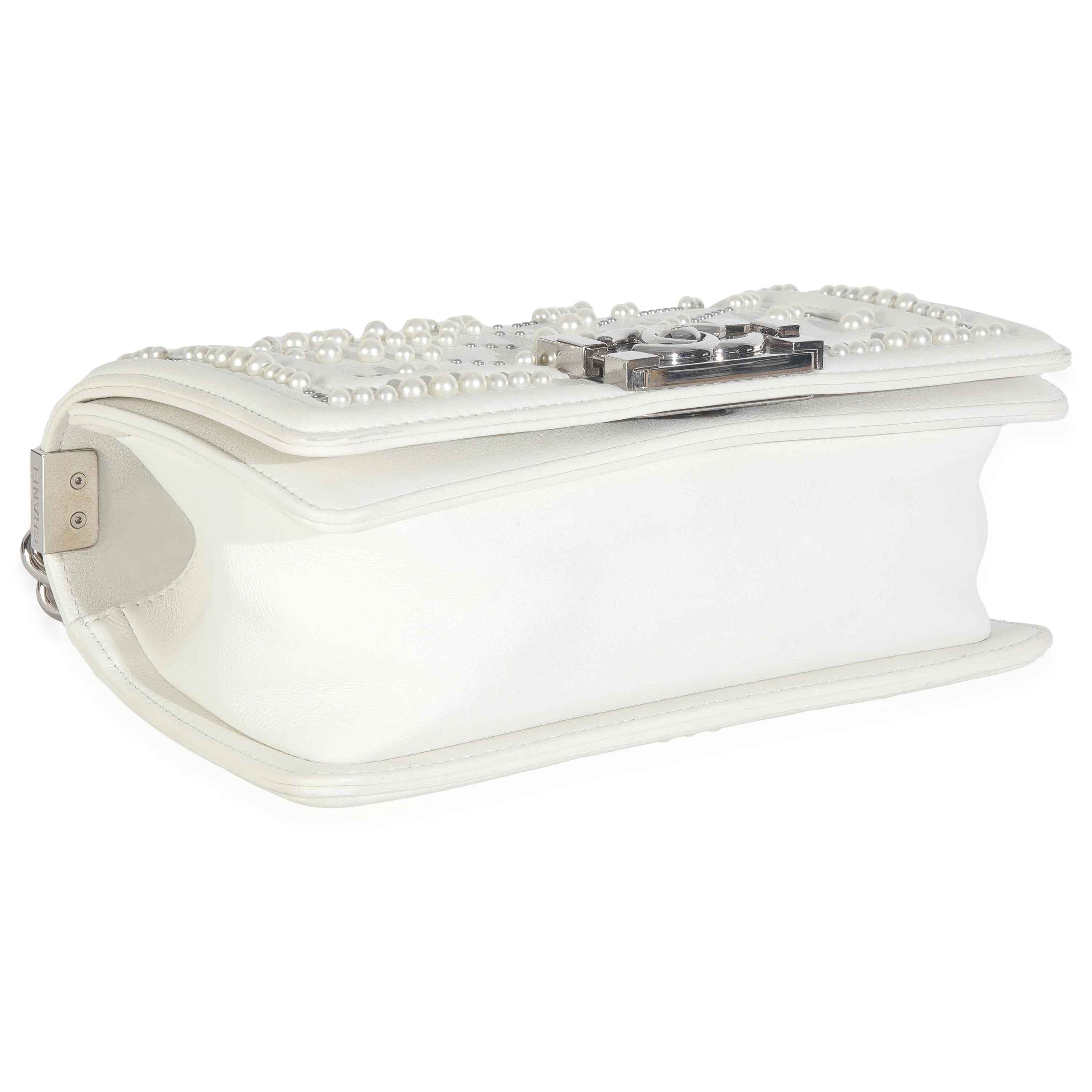 White Calfskin Pearl Chevron Small Boy Bag - Image 6