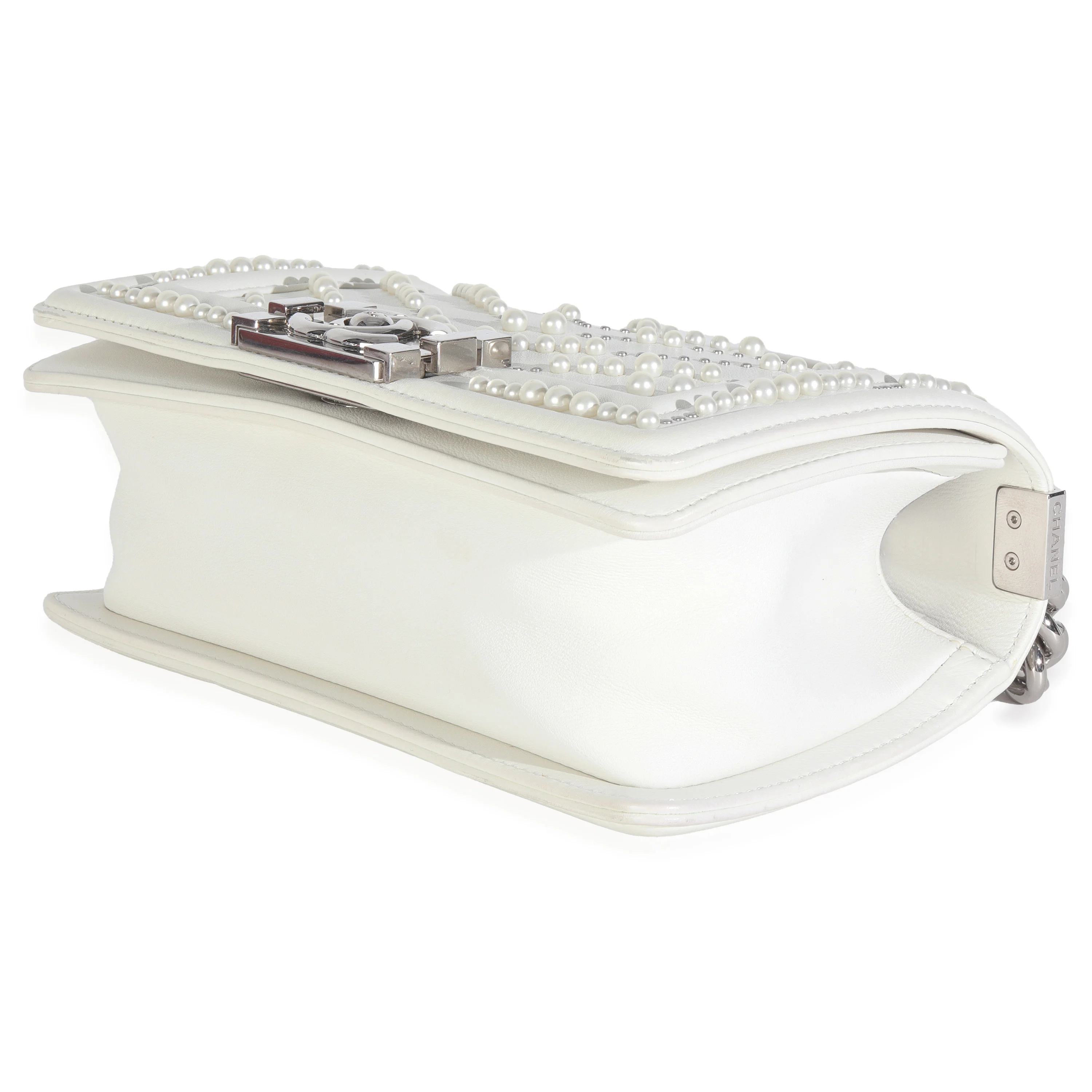 White Calfskin Pearl Chevron Small Boy Bag - Image 7