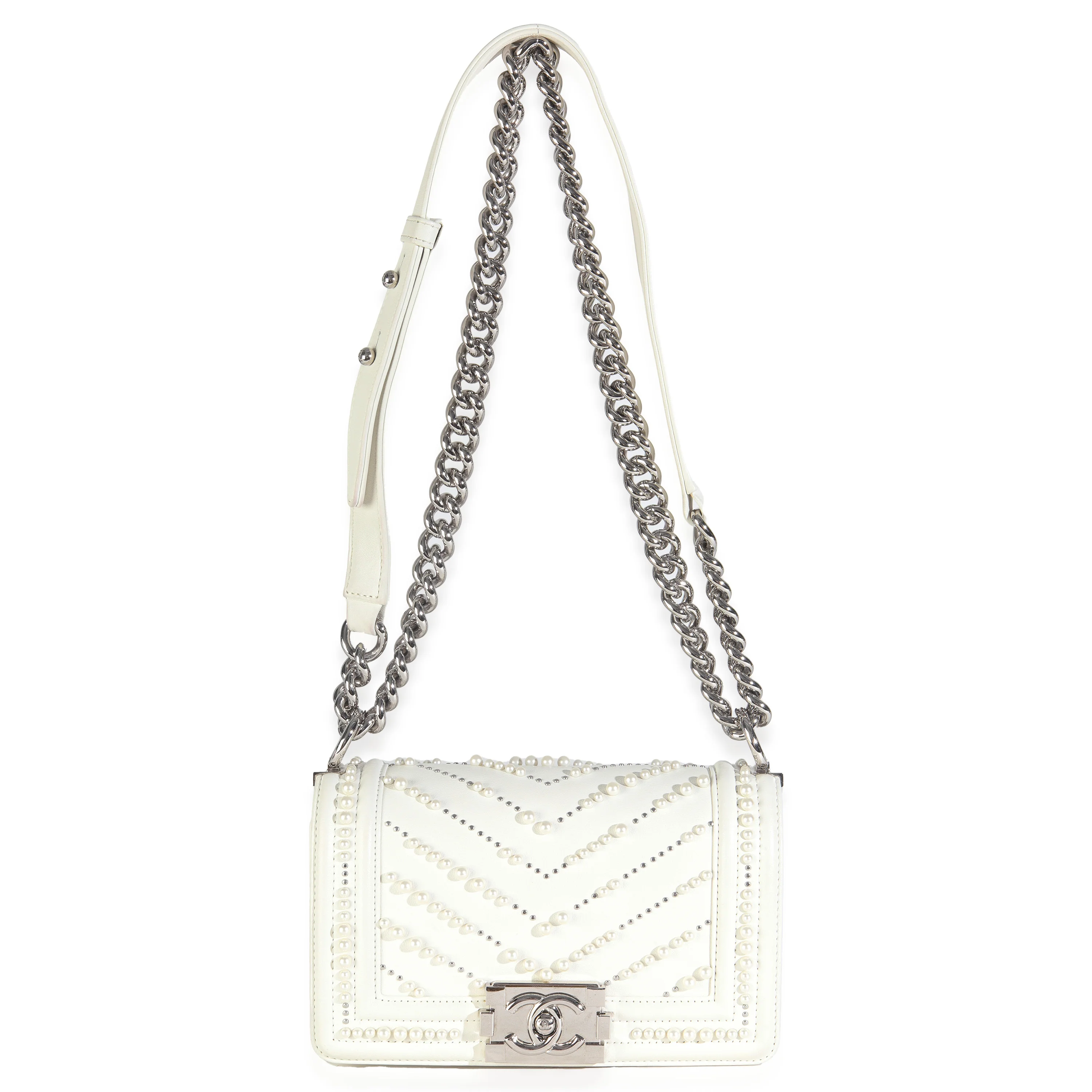 White Calfskin Pearl Chevron Small Boy Bag - Image 8