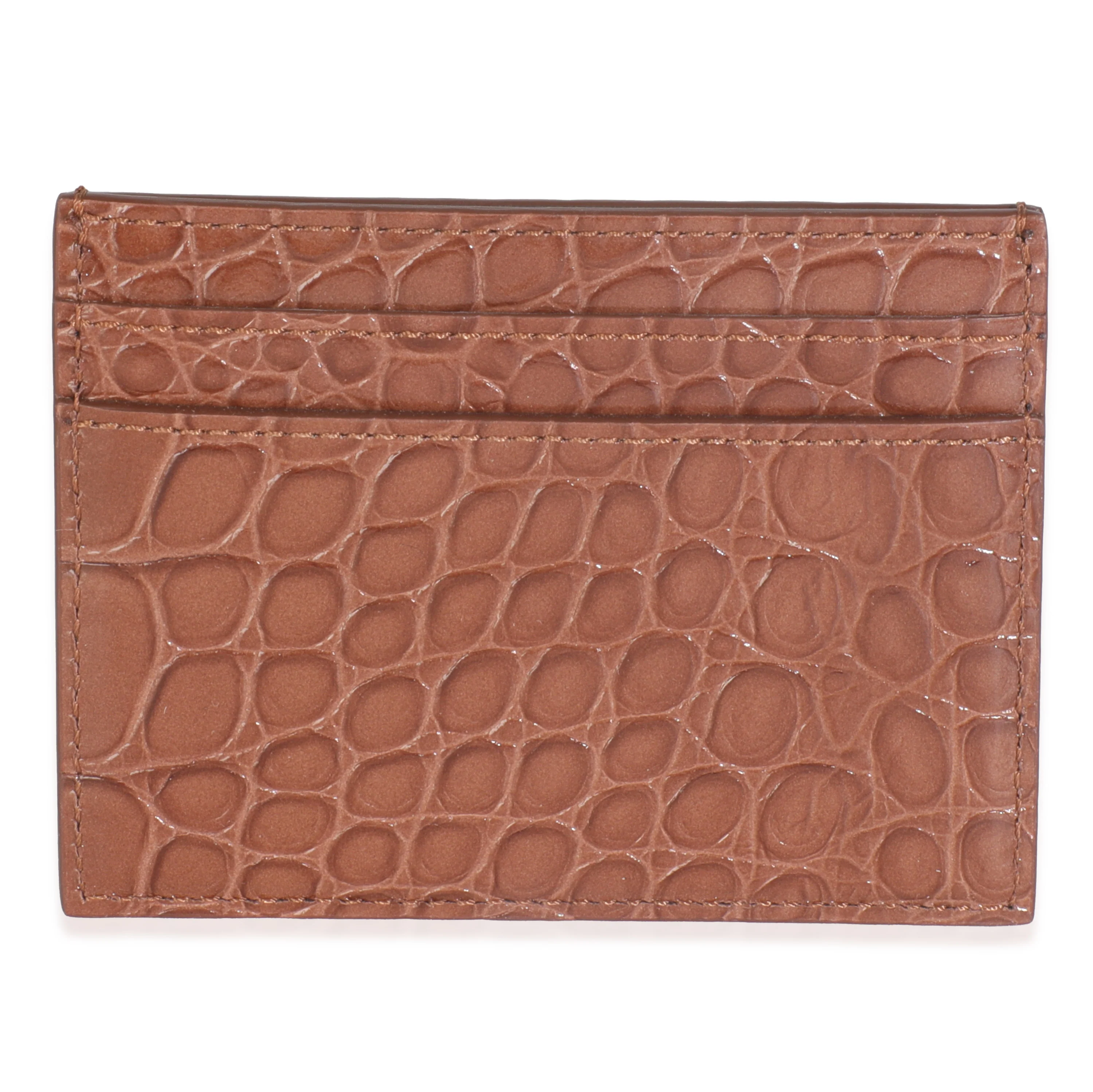 Brown Croc Embossed Calfskin Logo Card Holder - Image 4