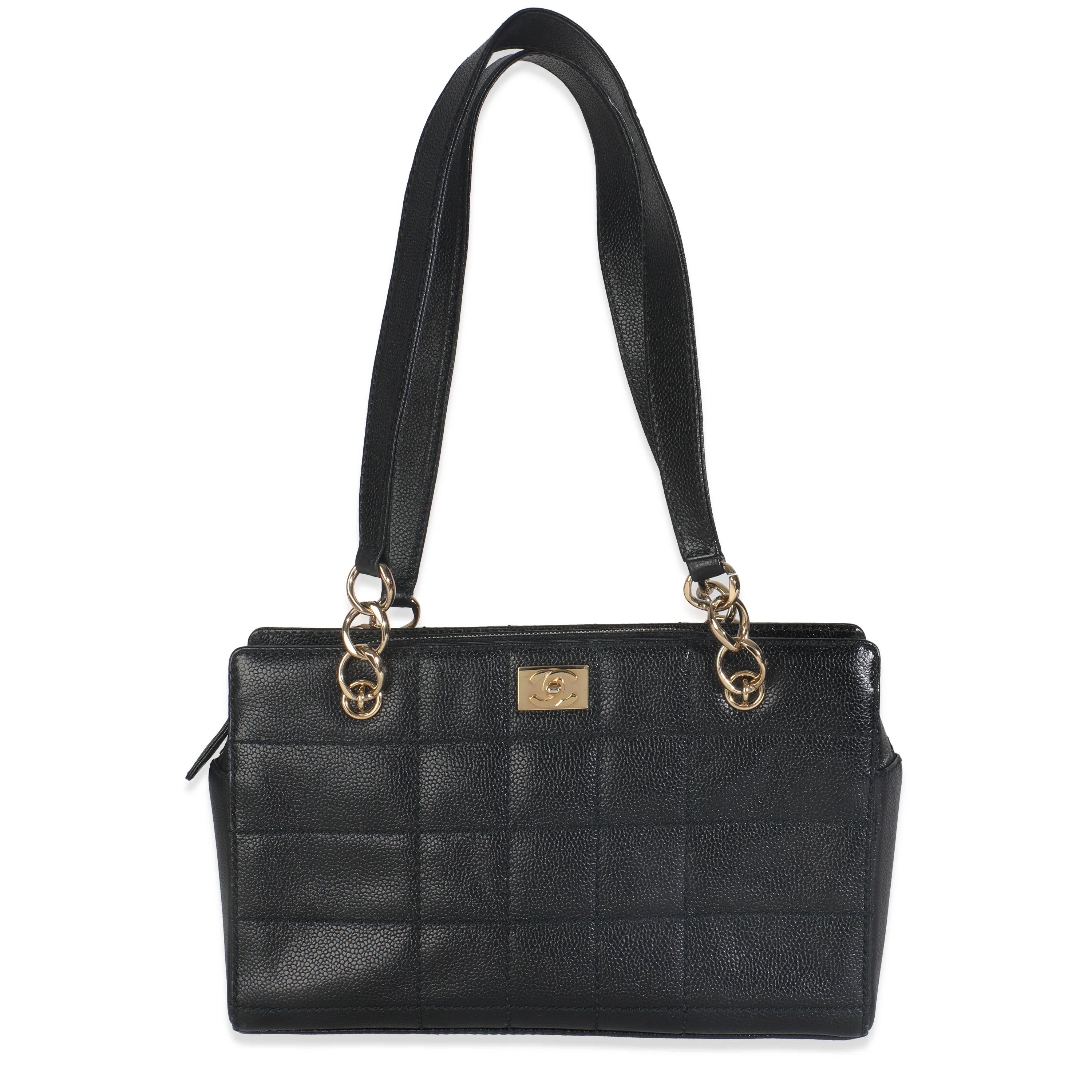 Vintage Black Square Stitch Caviar Shoulder Tote