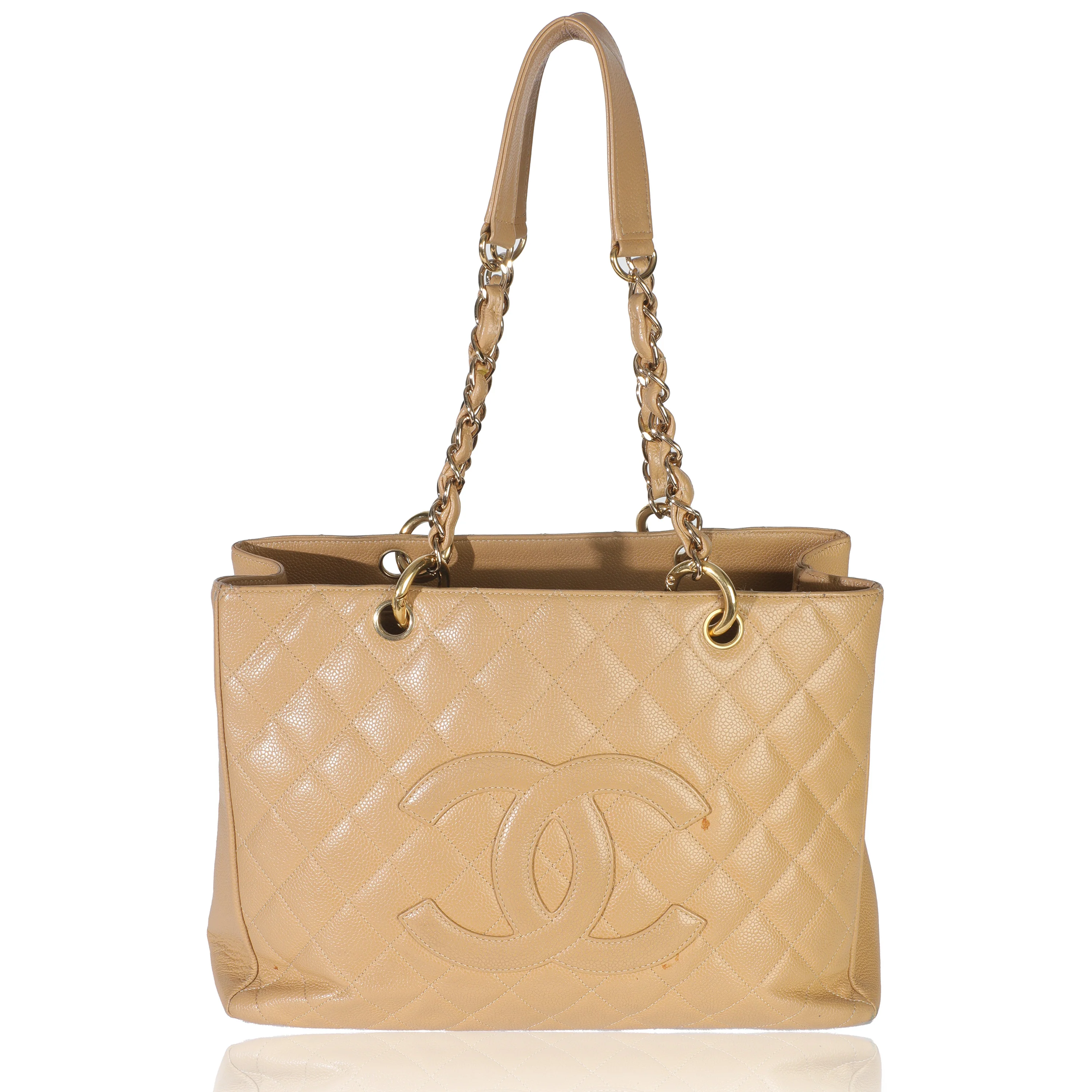 Beige Quilted Caviar Grand Shopping Tote