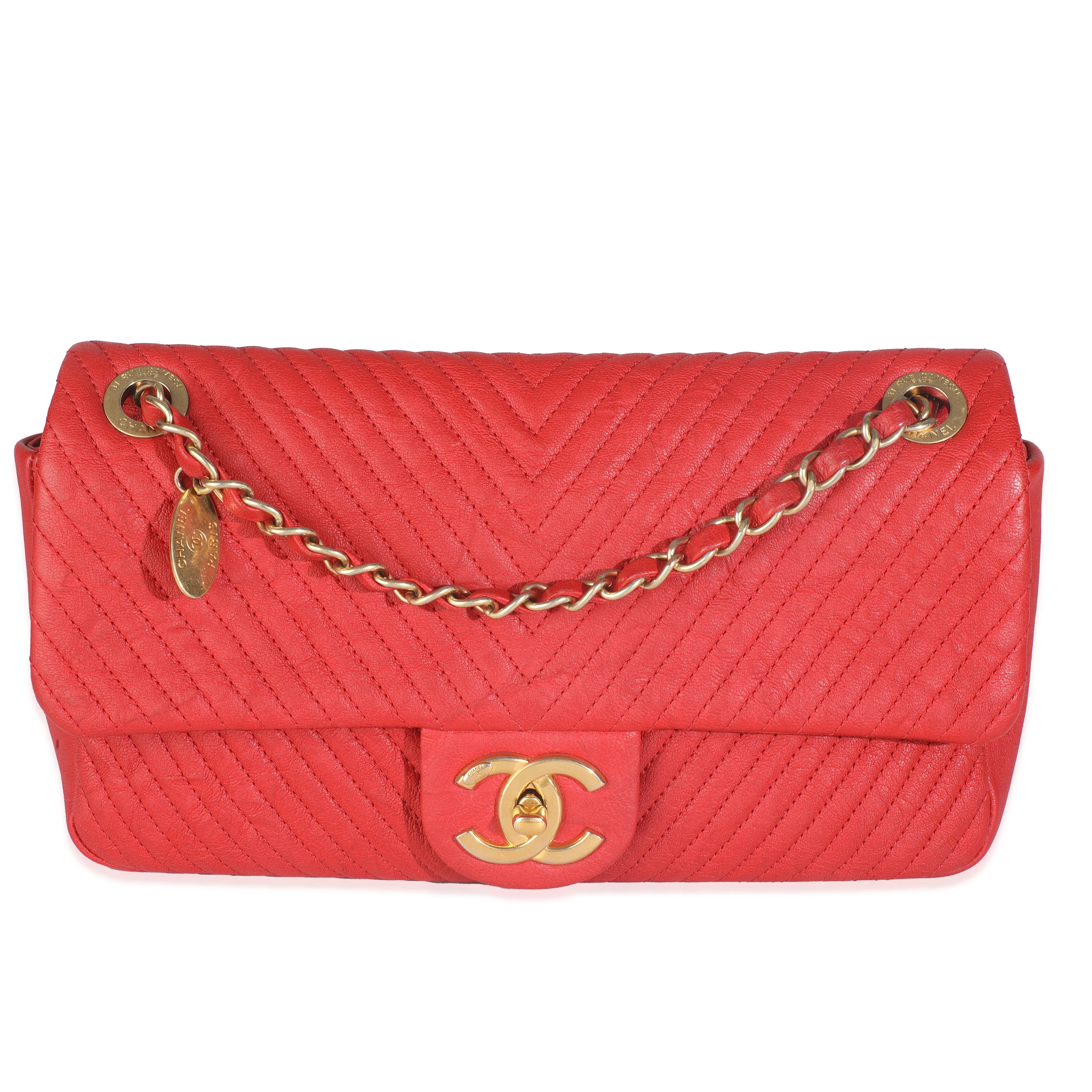 Red Wrinkled Chevron Quilted Lambskin Medium Surpique Flap Bag