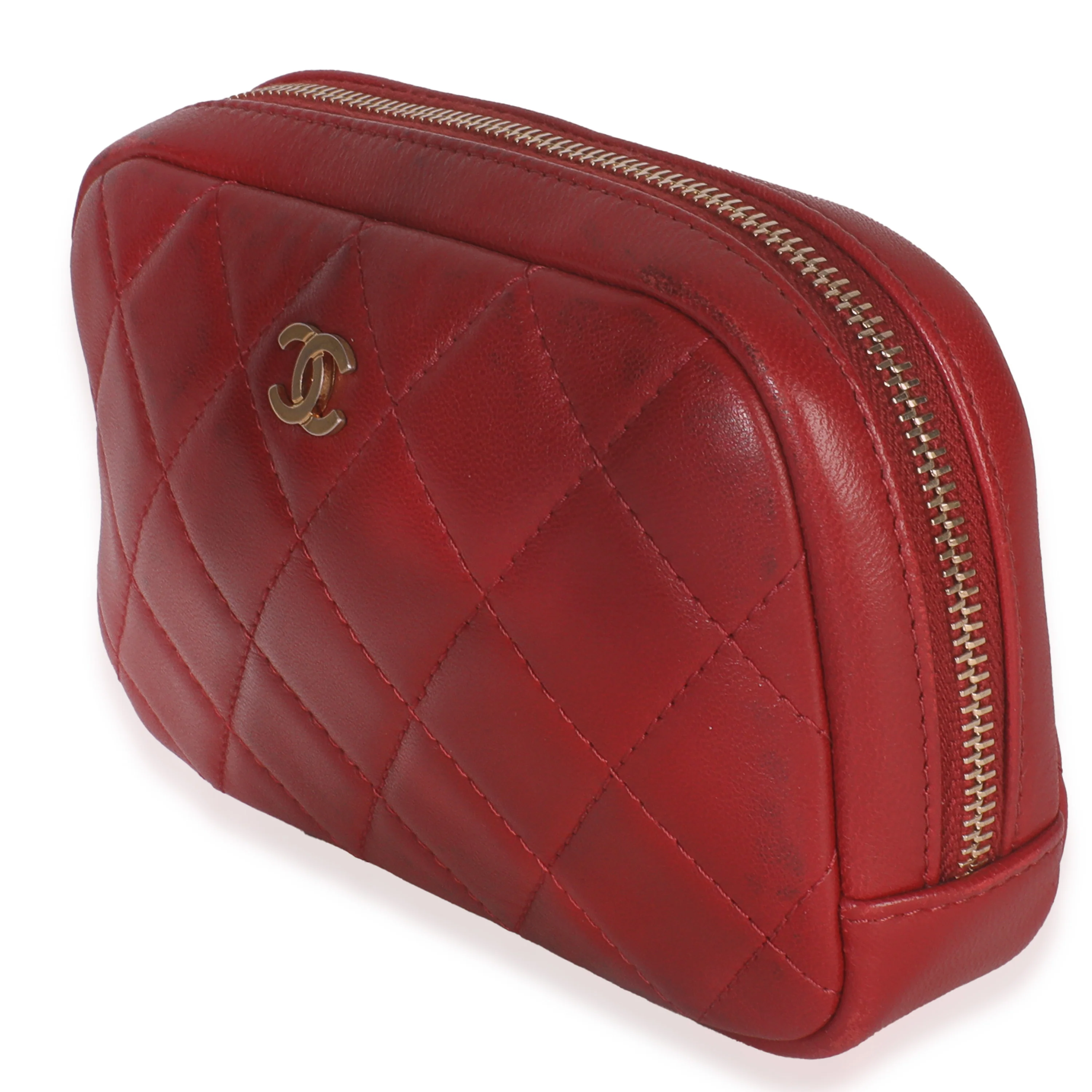 Red Quilted Lambskin CC Curvy Cosmetic Pouch - Image 2