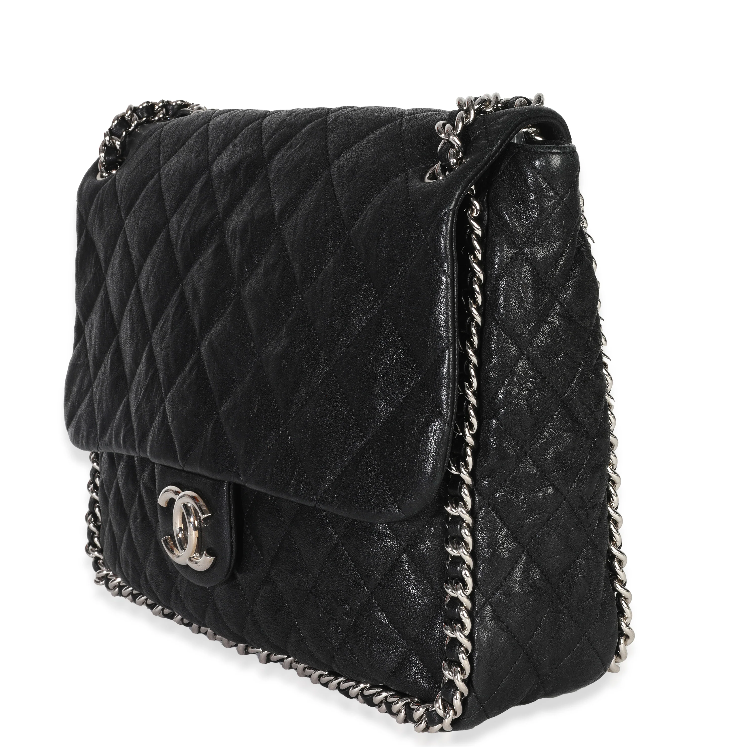Black Quilted Washed Lambskin Chain Around Maxi Flap Bag - Image 2