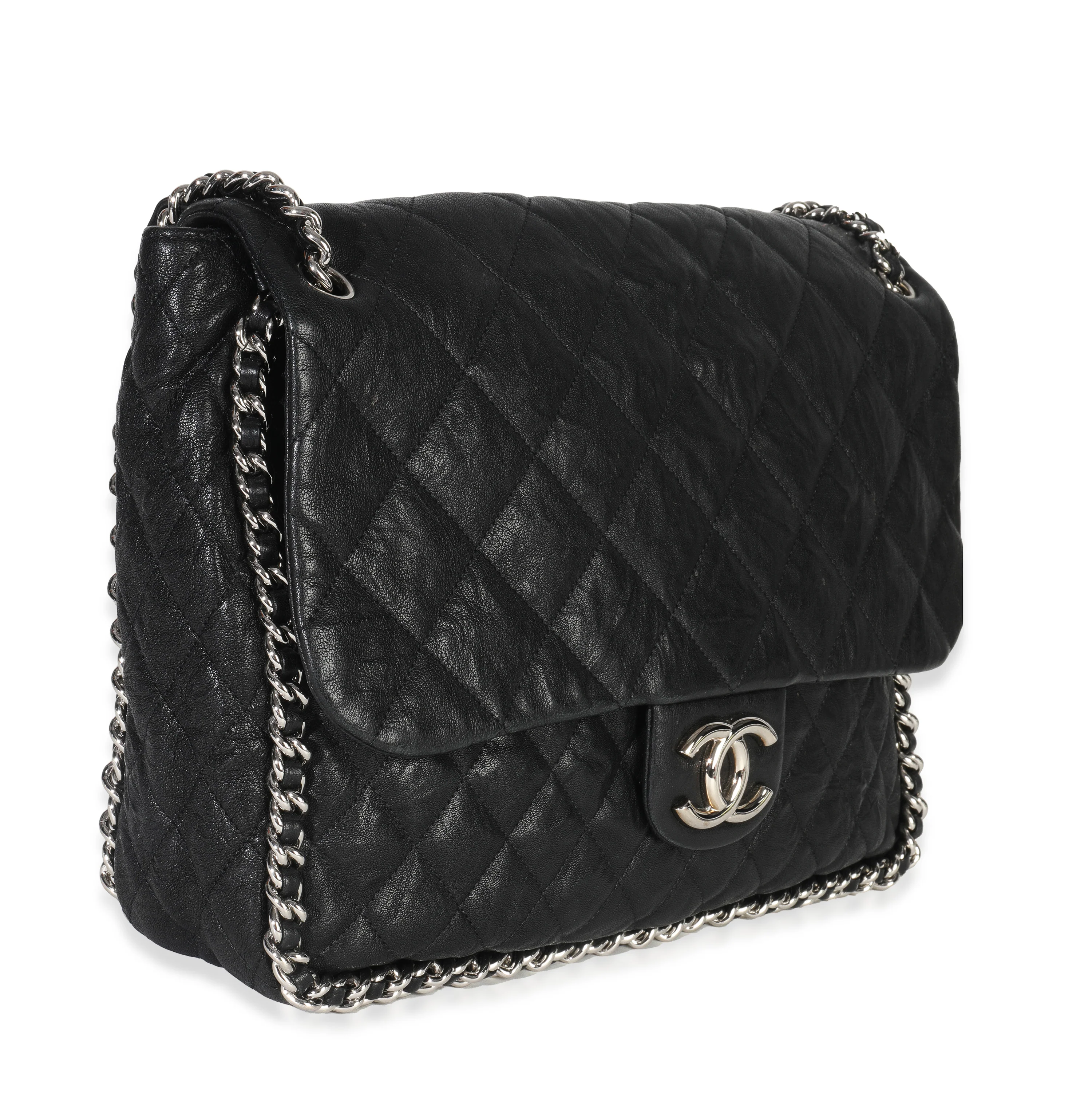 Black Quilted Washed Lambskin Chain Around Maxi Flap Bag - Image 3