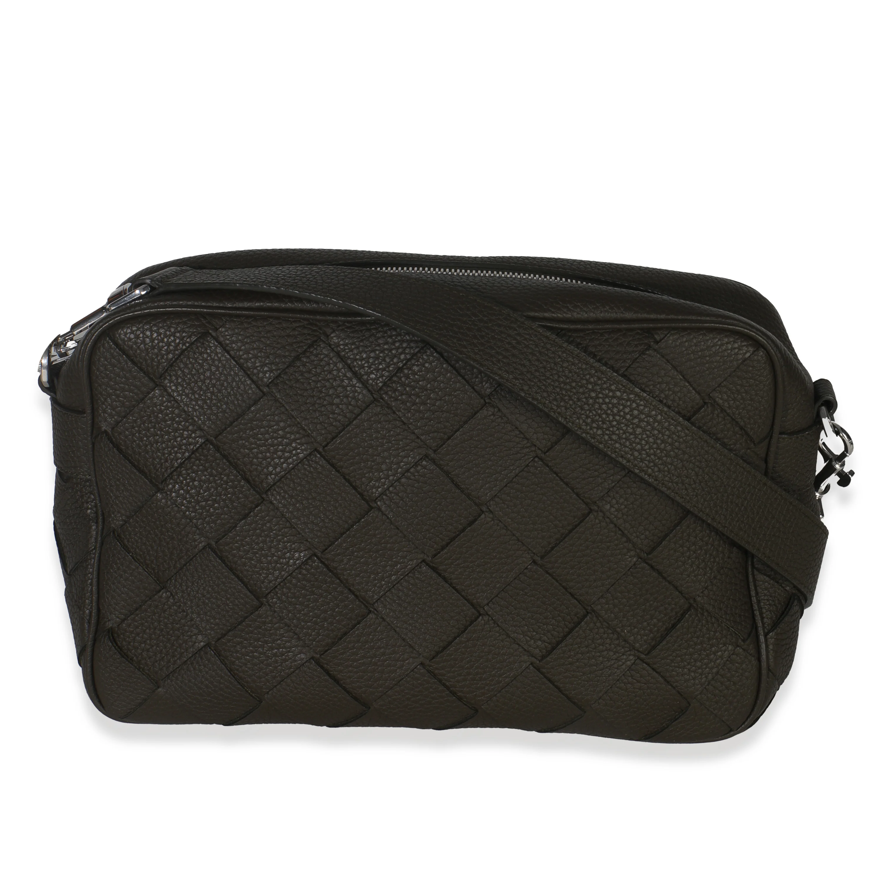 Kaki Grained Leather Medium Intrecciato Camera Bag