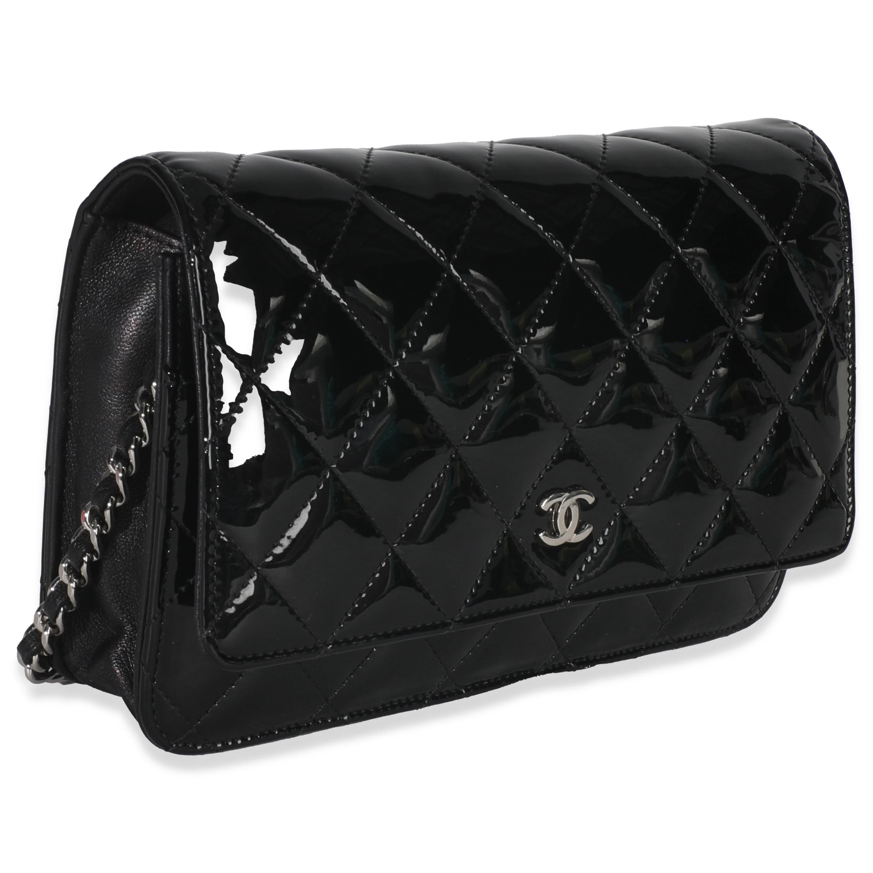 Black Quilted Patent Classic Wallet On Chain - Image 3