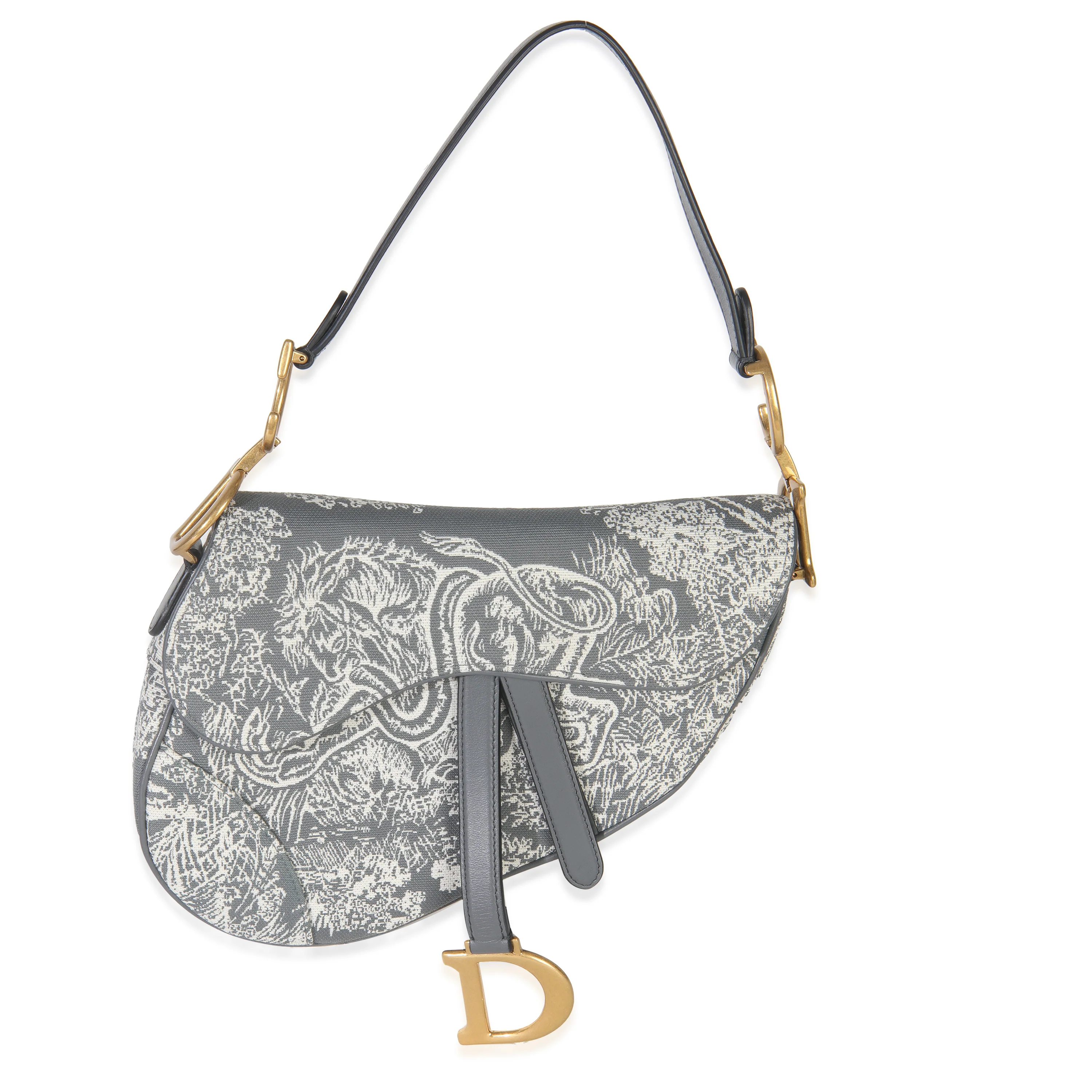 Grey White Reverse Embroidered Toile De Jouy Medium Saddle Bag