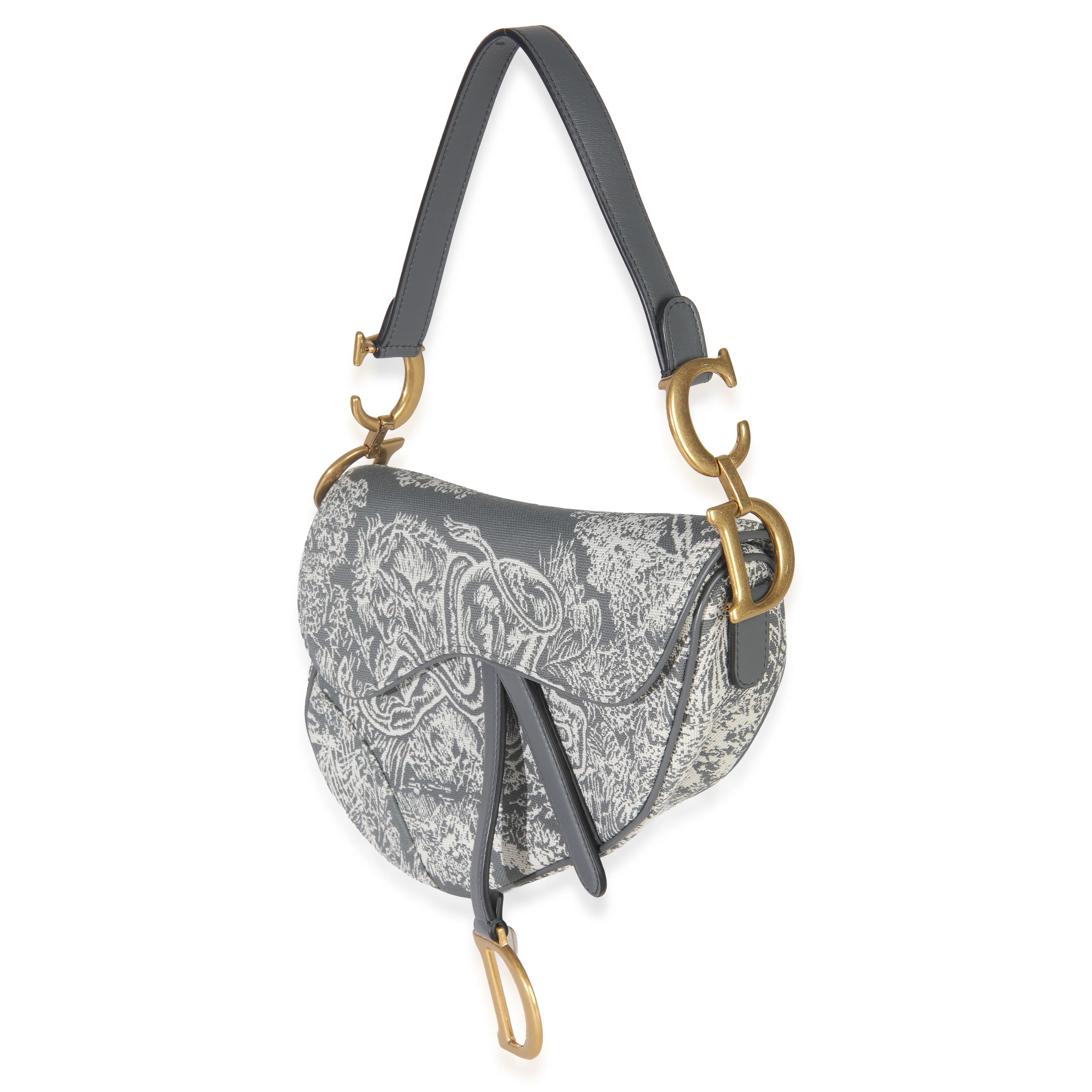 Grey White Reverse Embroidered Toile De Jouy Medium Saddle Bag - Image 2