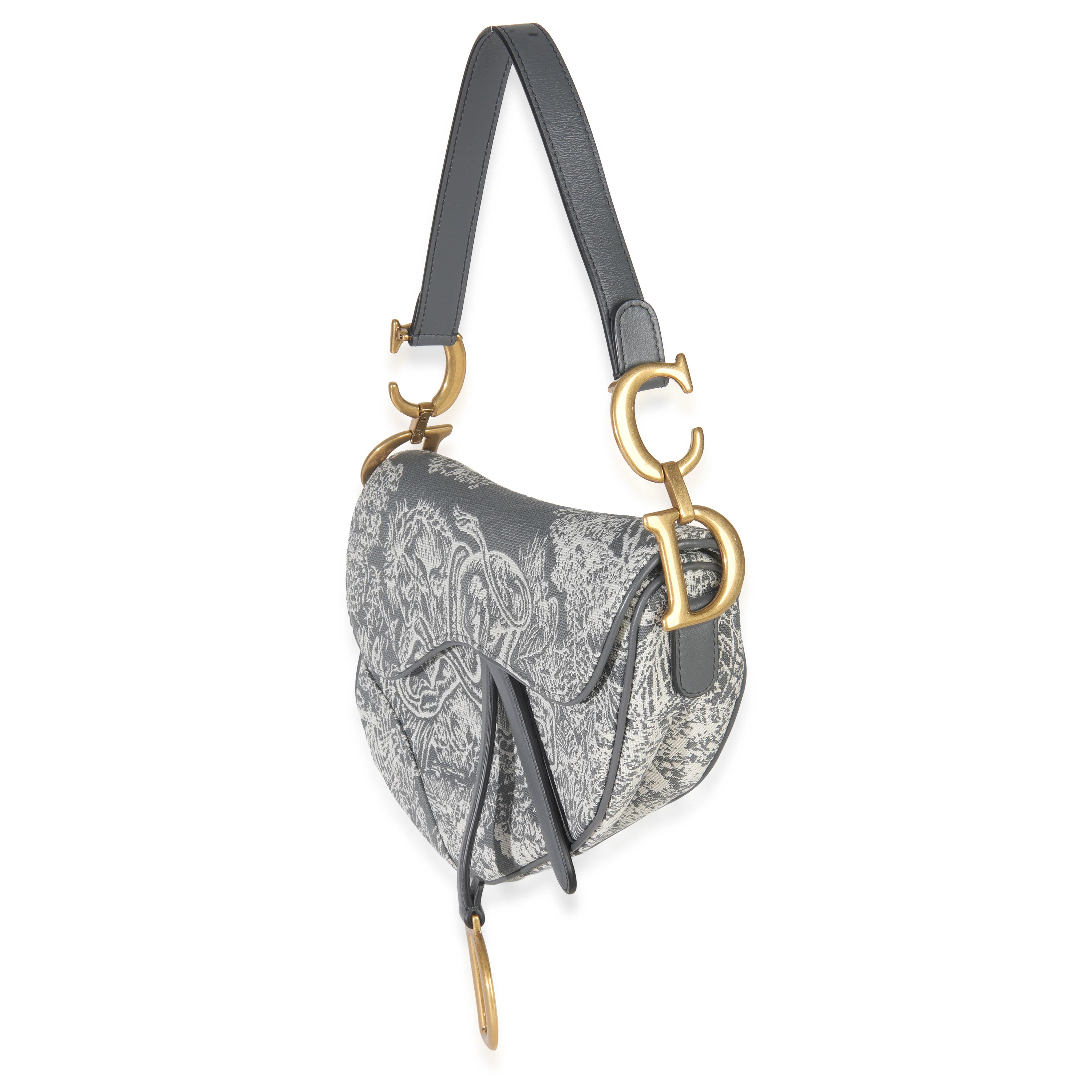 Grey White Reverse Embroidered Toile De Jouy Medium Saddle Bag - Image 3