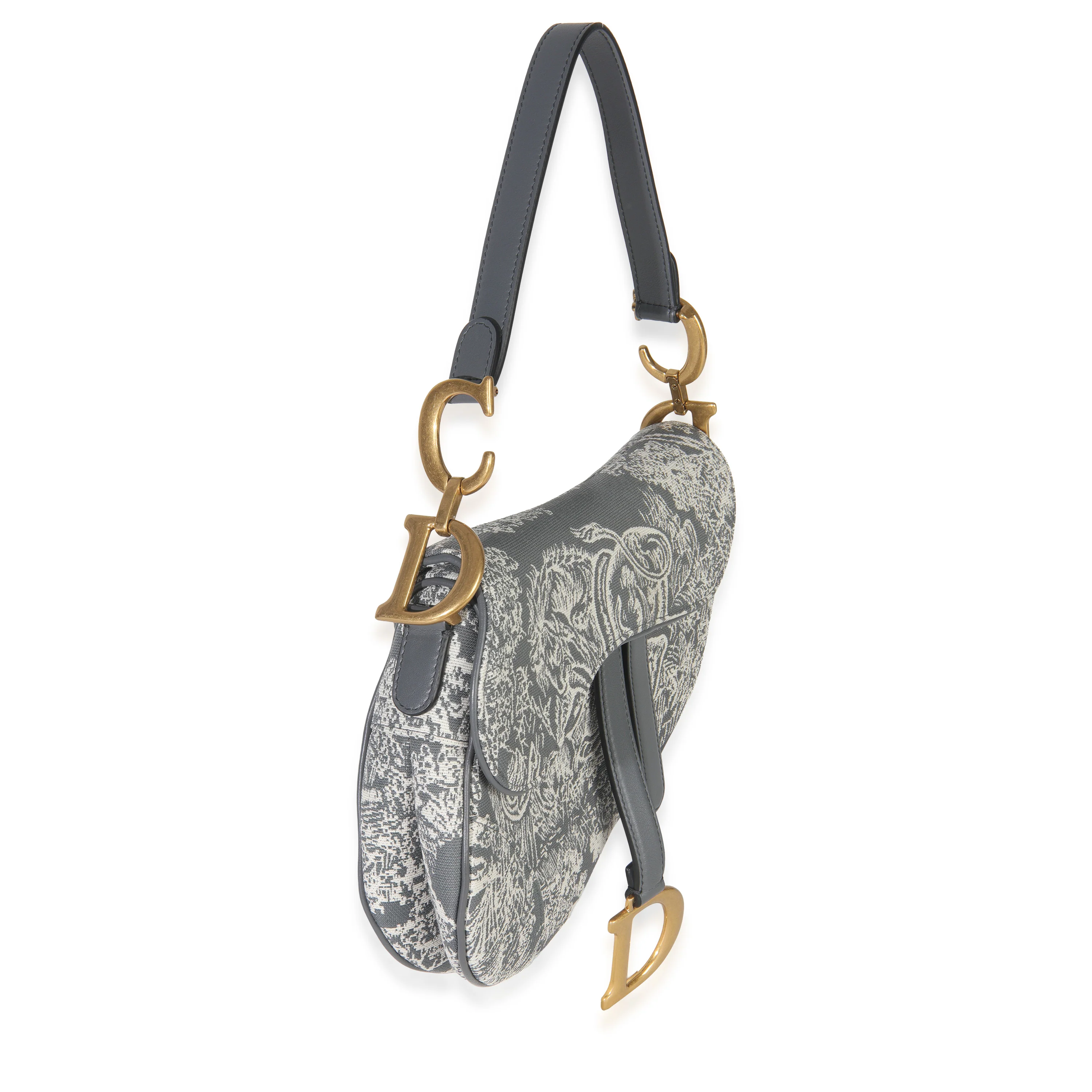 Grey White Reverse Embroidered Toile De Jouy Medium Saddle Bag - Image 4